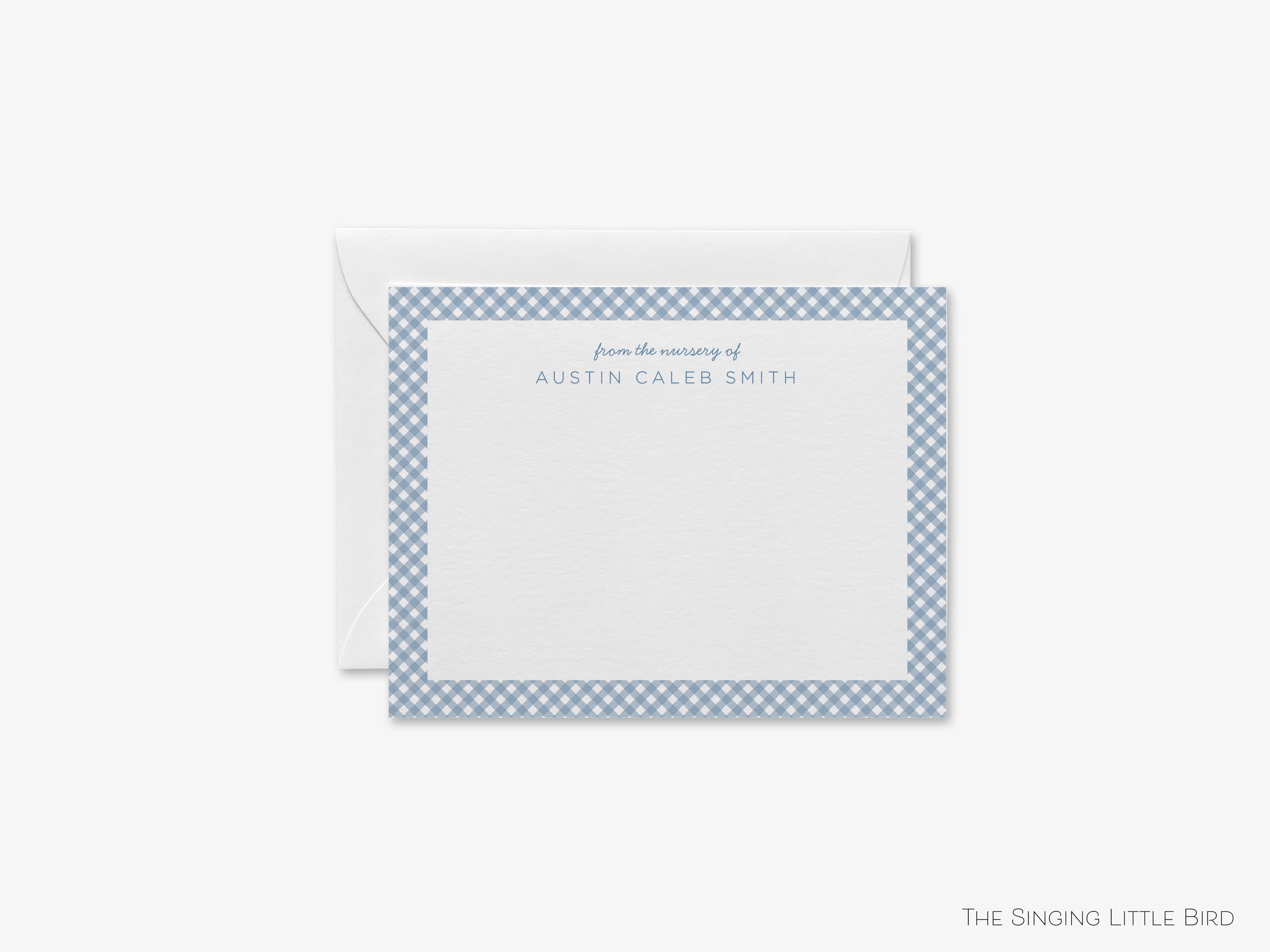 Personalized Gingham Nursery Notecards-These personalized flat notecards are 4.25x5.5 and feature our gingham pattern in 5 different colors, printed in the USA on 120lb textured stock. They come with your choice of envelopes and make great thank yous and gifts for the new baby in your life.-The Singing Little Bird