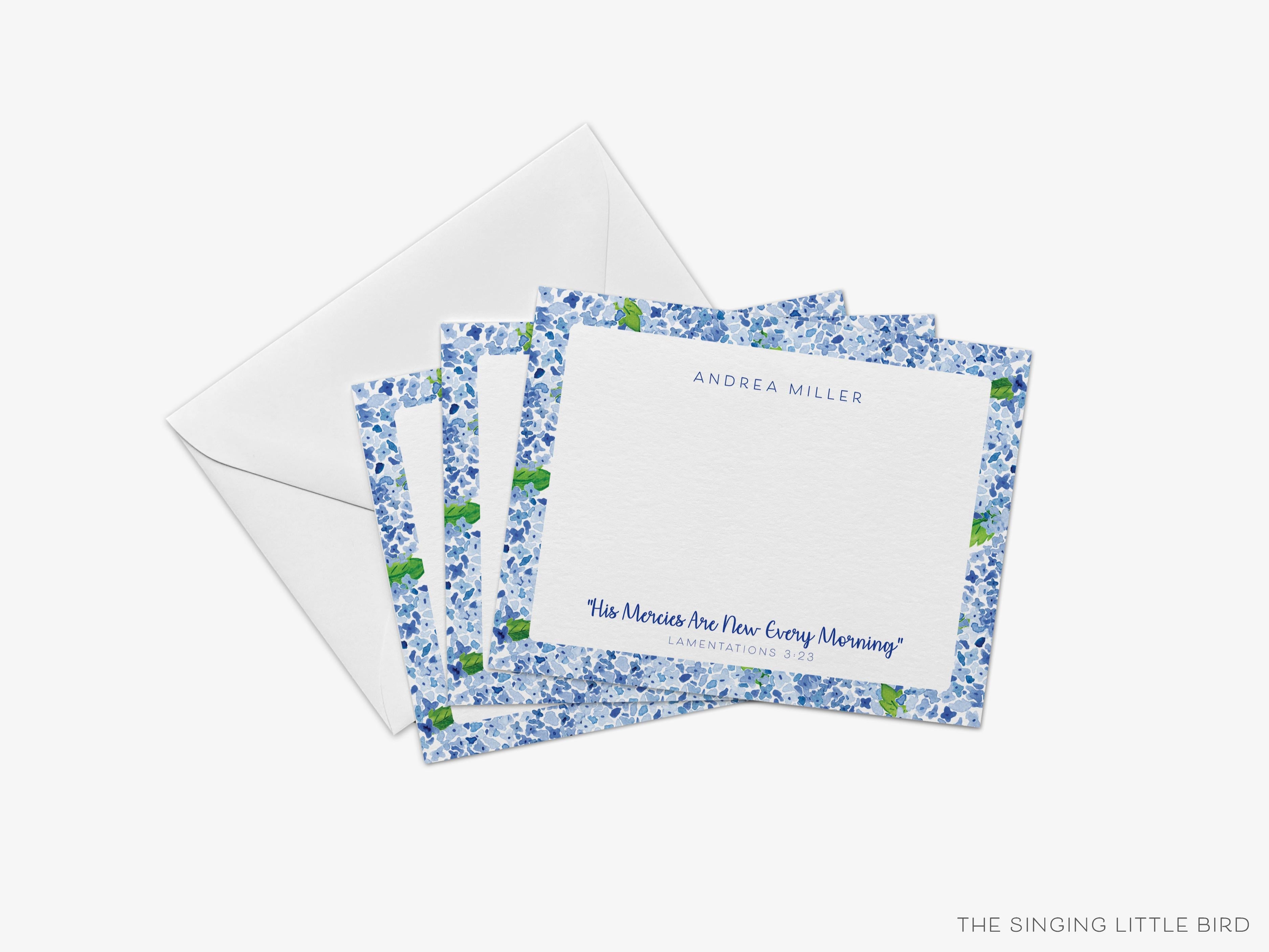 Personalized His Mercies Are New Bible Verse Flat Notes-These personalized flat notecards are 4.25x5.5 and feature our hand-painted watercolor hydrangeas, printed in the USA on 120lb textured stock. They come with your choice of envelopes and make great thank yous and gifts for the Christian lover in your life.-The Singing Little Bird
