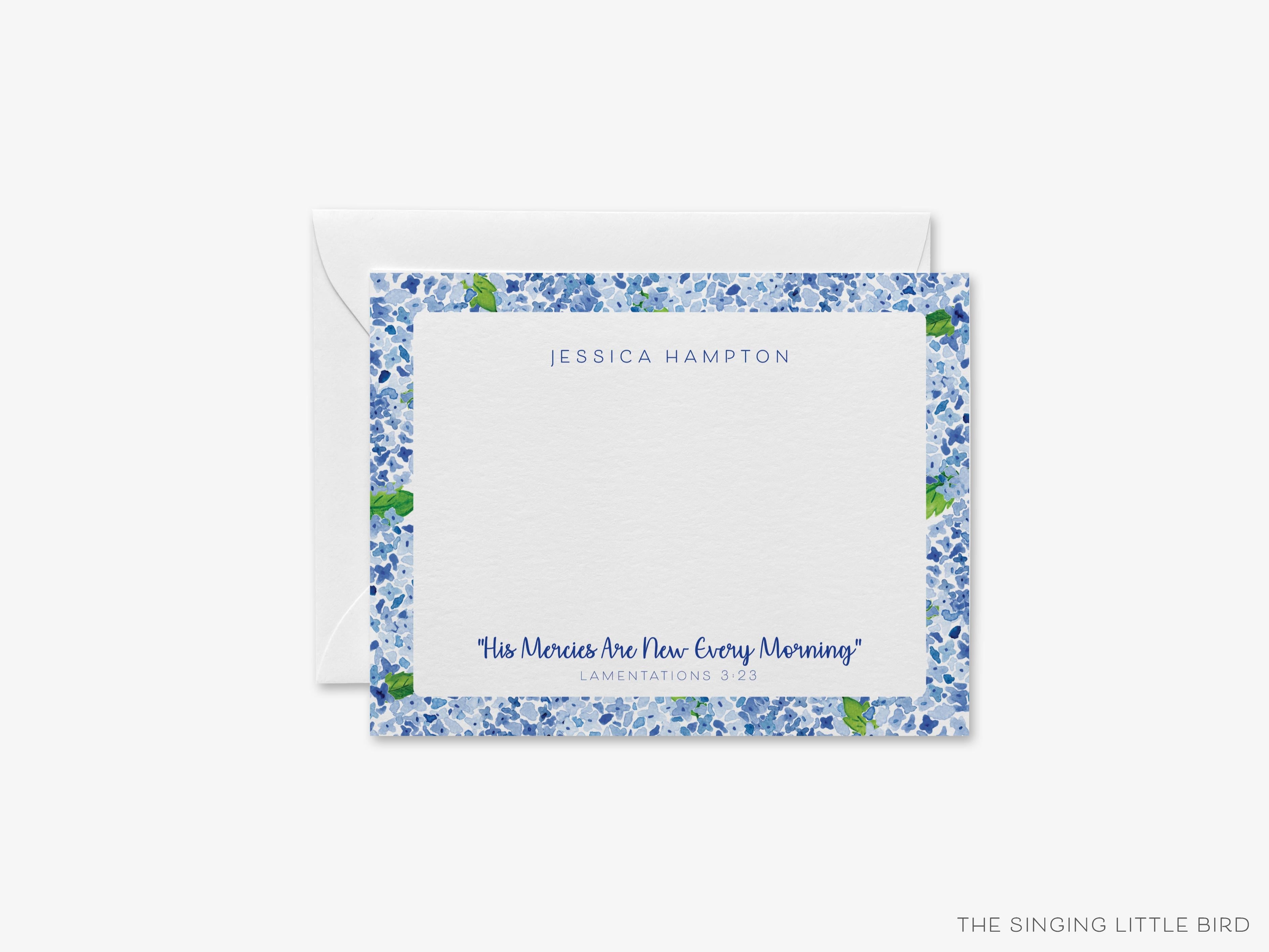 Personalized His Mercies Are New Bible Verse Flat Notes-These personalized flat notecards are 4.25x5.5 and feature our hand-painted watercolor hydrangeas, printed in the USA on 120lb textured stock. They come with your choice of envelopes and make great thank yous and gifts for the Christian lover in your life.-The Singing Little Bird
