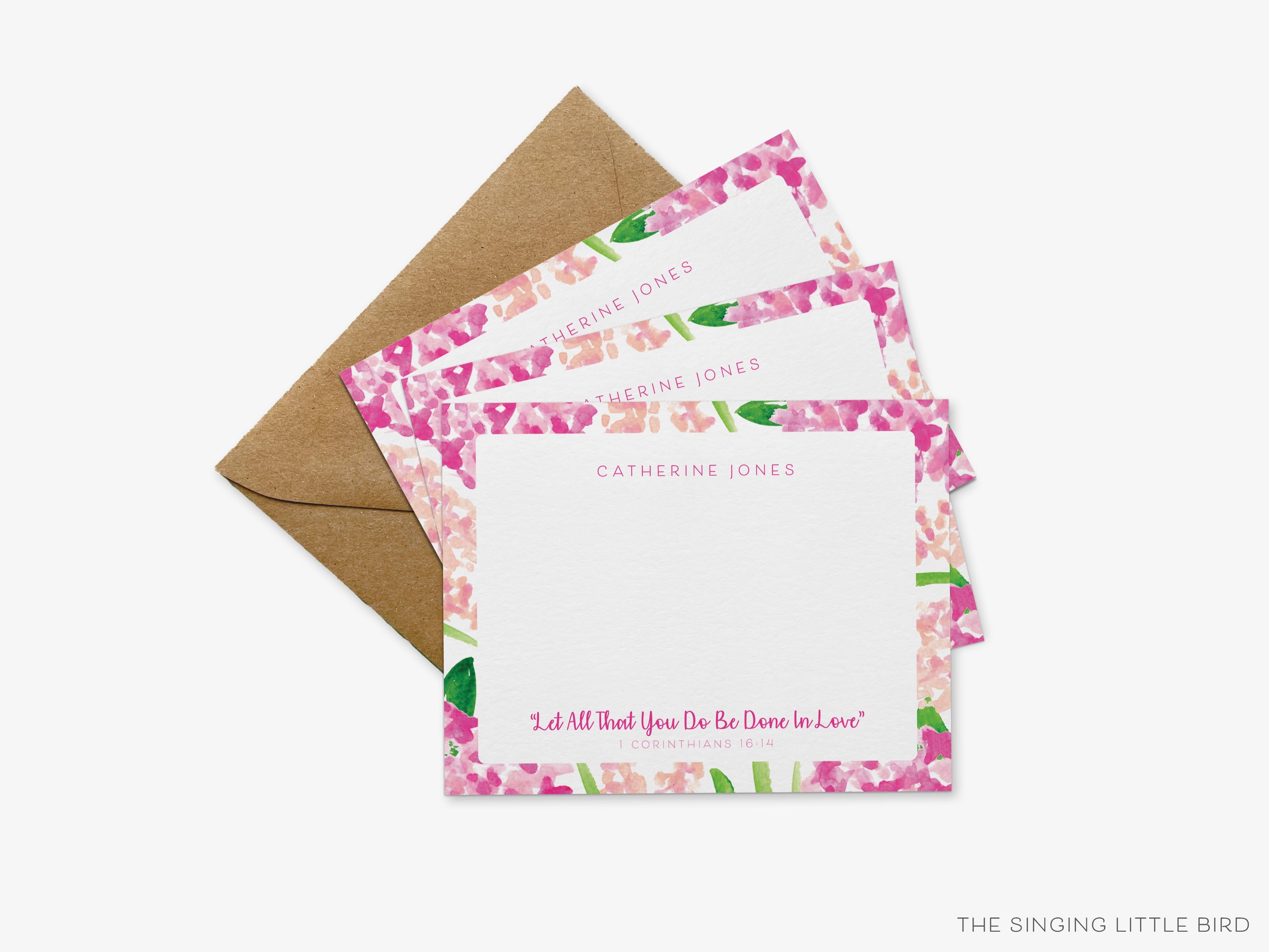 Personalized Love Bible Verse Flat Notes-These personalized flat notecards are 4.25x5.5 and feature our hand-painted watercolor pink floral and Let All That You Do Be Done in Love Bible Verse, printed in the USA on 120lb textured stock. They come with your choice of envelopes and make great thank yous and gifts for the religious lover in your life.-The Singing Little Bird