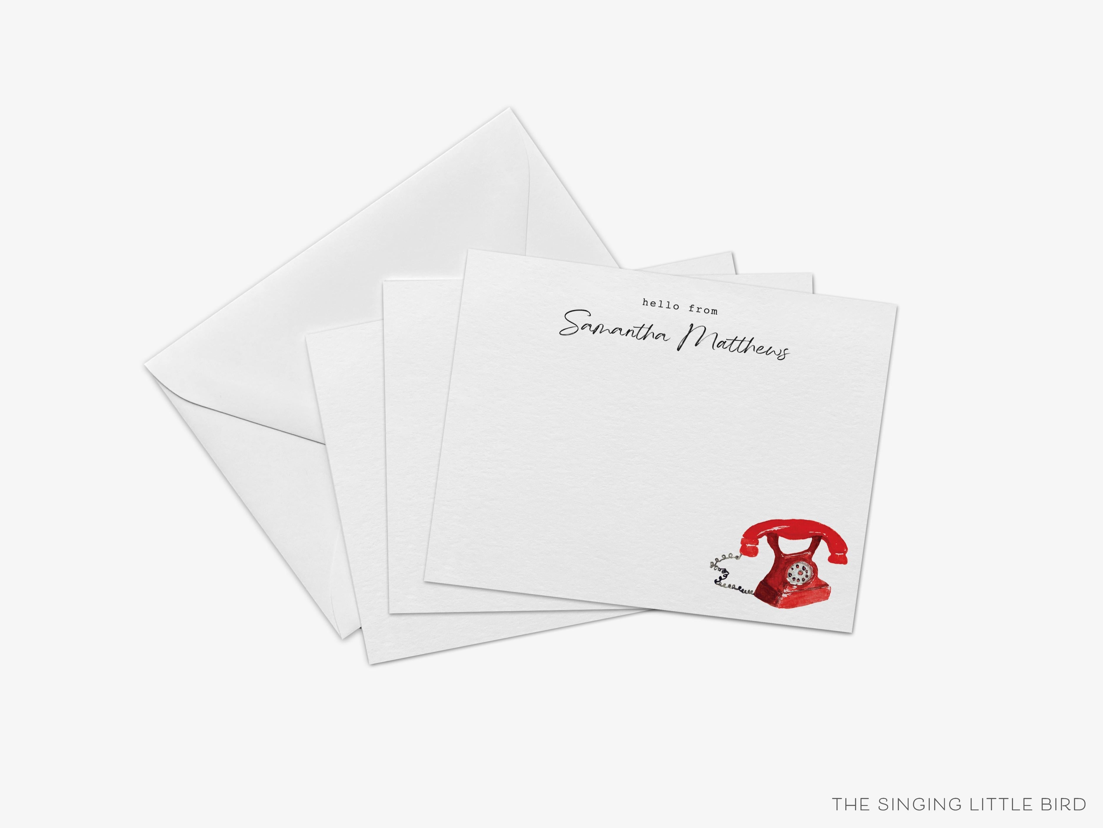 Personalized Red Vintage Telephone Flat Notes-These personalized flat notecards are 4.25x5.5 and feature our hand-painted watercolor Red Vintage Telephone, printed in the USA on 120lb textured stock. They come with your choice of envelopes and make great thank yous and gifts for the vintage lover in your life.-The Singing Little Bird