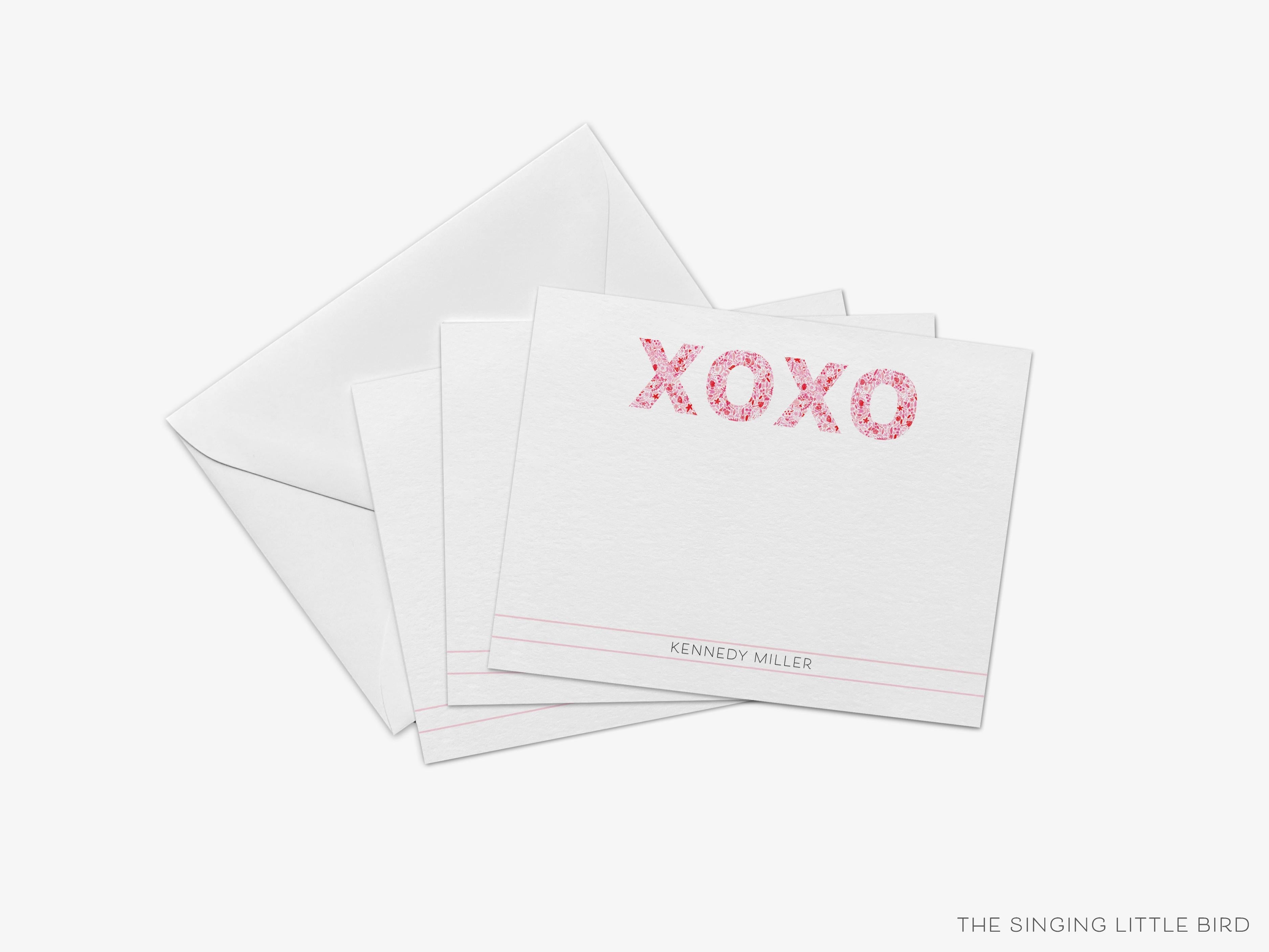 Personalized XOXO Pink and Red Flat Notes-These personalized flat notecards are 4.25x5.5 and feature our hand-painted watercolor pink and red XO, printed in the USA on 120lb textured stock. They come with your choice of envelopes and make great thank yous and gifts for the hugs and kisses lover in your life.-The Singing Little Bird