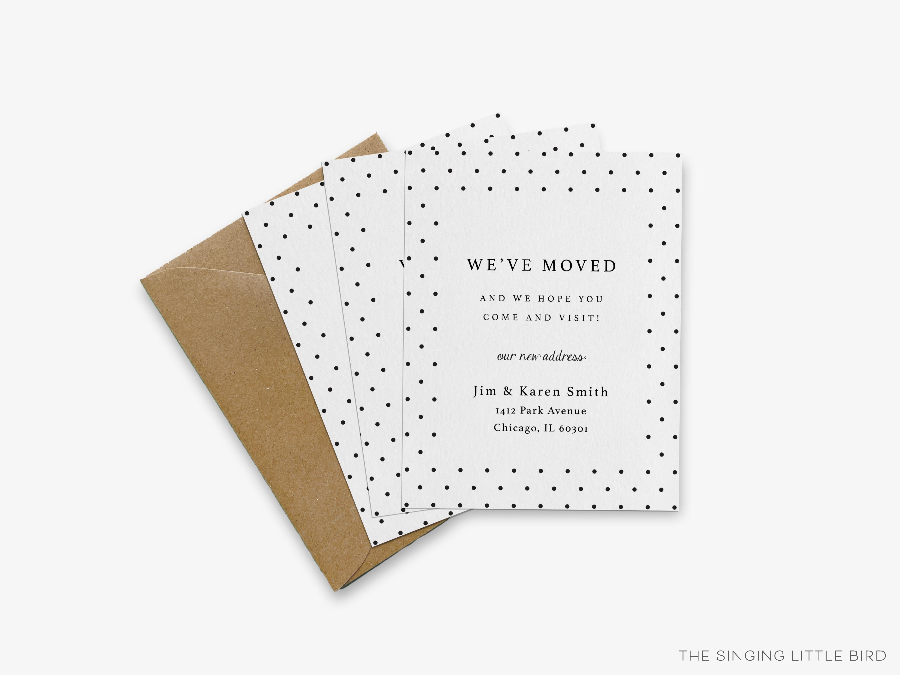 Polka Dot Moving Announcement-These personalized flat change of address cards are 4.25x5.5 and feature our hand-painted watercolor polka dots, printed in the USA on 120lb textured stock. They come with your choice of envelopes and make great moving announcements for the black and white chic lover.-The Singing Little Bird