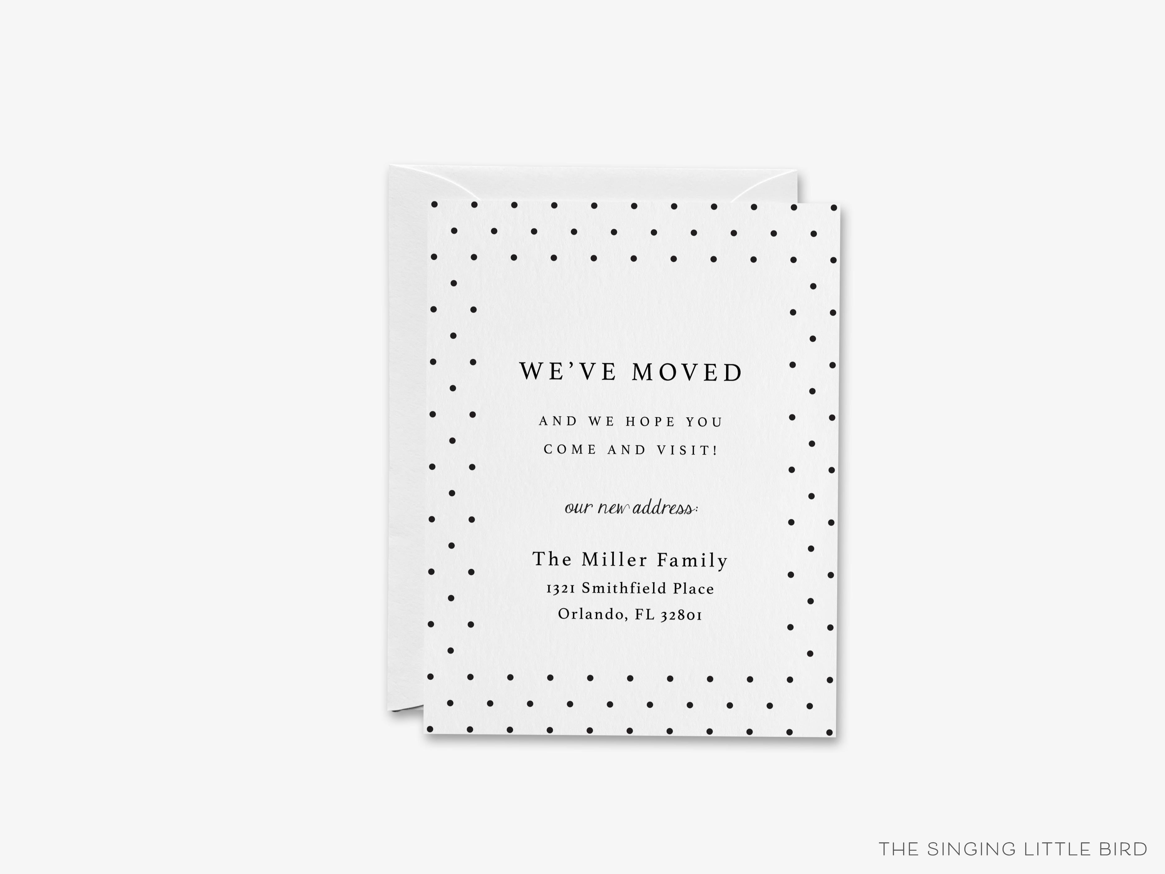 Polka Dot Moving Announcement-These personalized flat change of address cards are 4.25x5.5 and feature our hand-painted watercolor polka dots, printed in the USA on 120lb textured stock. They come with your choice of envelopes and make great moving announcements for the black and white chic lover.-The Singing Little Bird