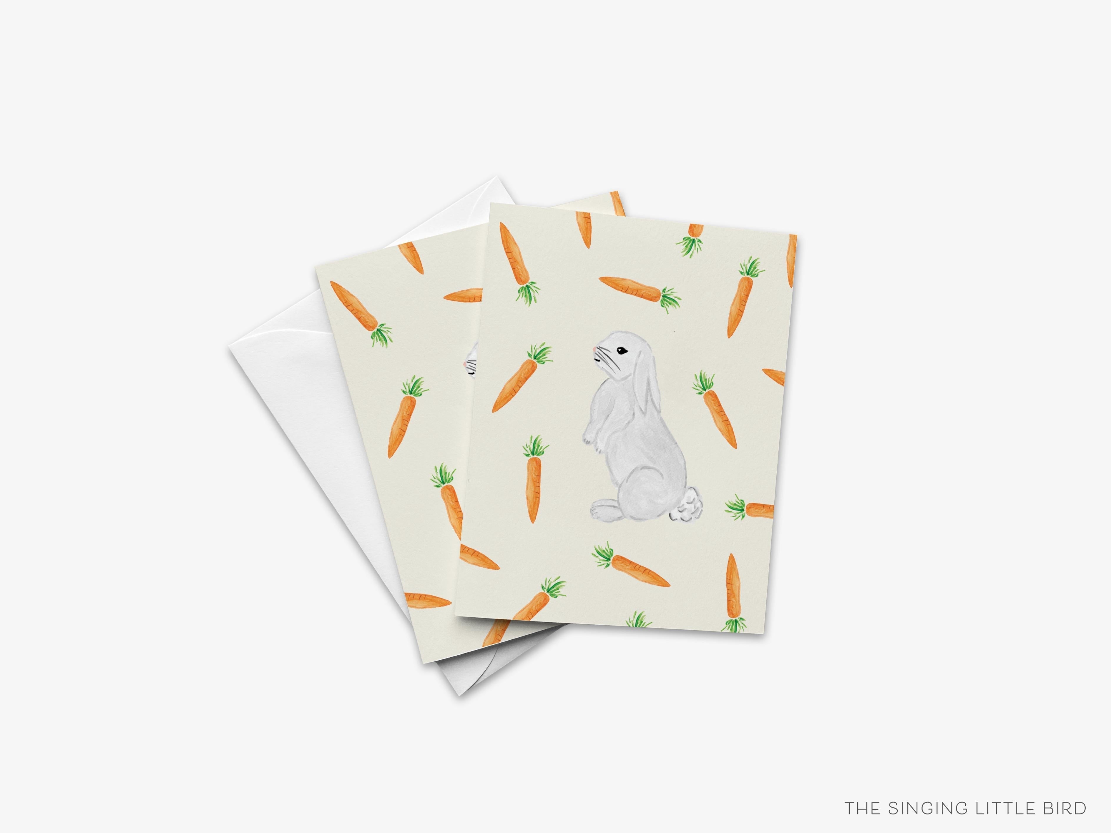 Rabbit and Carrots Greeting Card-These folded Easter cards are 4.25x5.5 and feature our hand-painted watercolor rabbit and carrots, printed in the USA on 100lb textured stock. They come with a White envelope and make a great spring card for the bunny lover in your life.-The Singing Little Bird