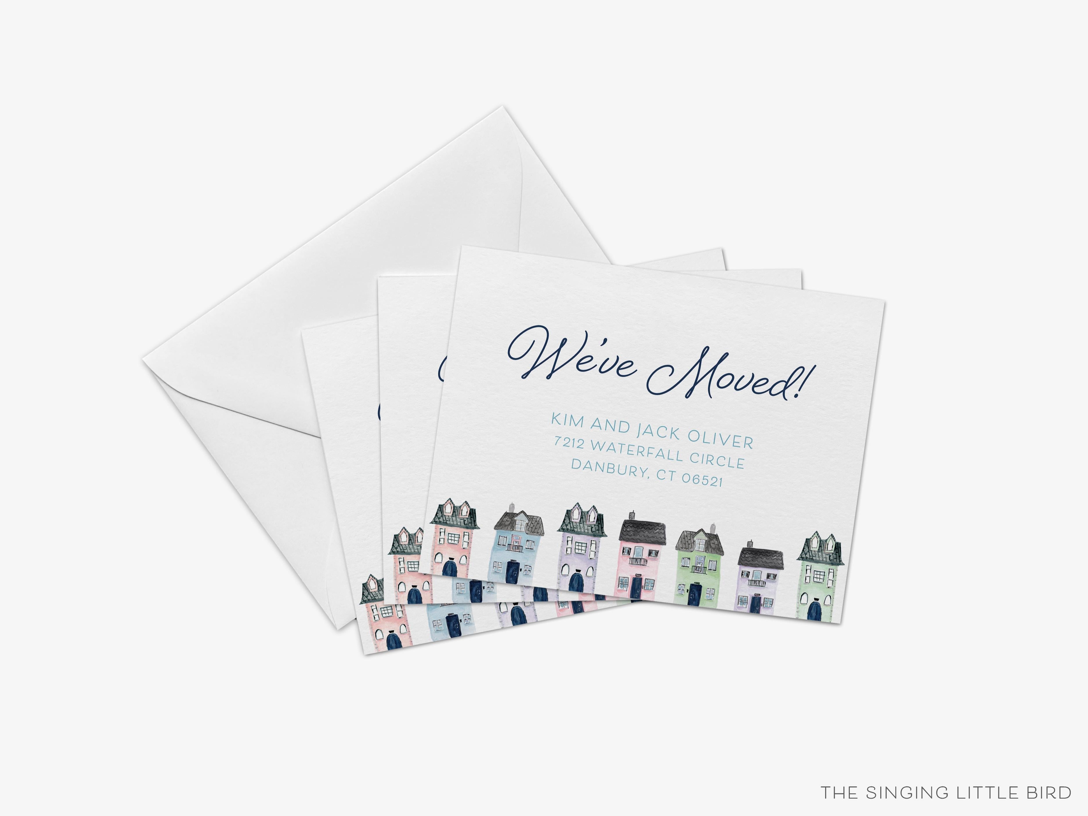 Row of Houses Moving Announcement-These personalized flat change of address cards are 4.25x5.5 and feature our hand-painted watercolor Houses, printed in the USA on 120lb textured stock. They come with your choice of envelopes and make great moving announcements for the home lover.-The Singing Little Bird