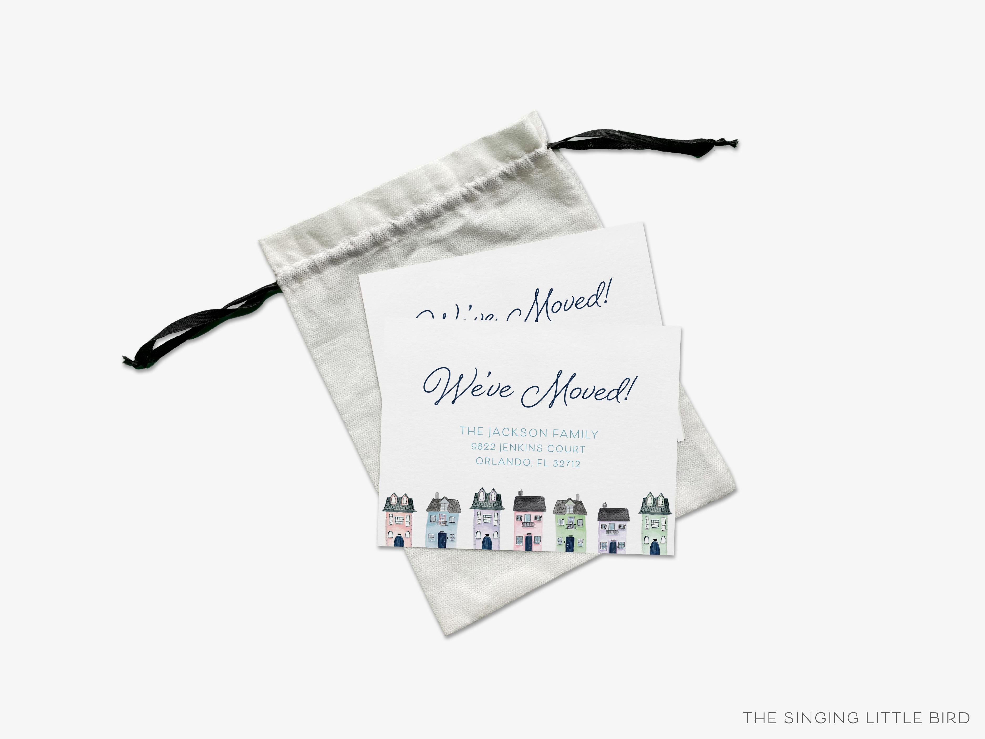 Row of Houses Moving Announcement-These personalized flat change of address cards are 4.25x5.5 and feature our hand-painted watercolor Houses, printed in the USA on 120lb textured stock. They come with your choice of envelopes and make great moving announcements for the home lover.-The Singing Little Bird