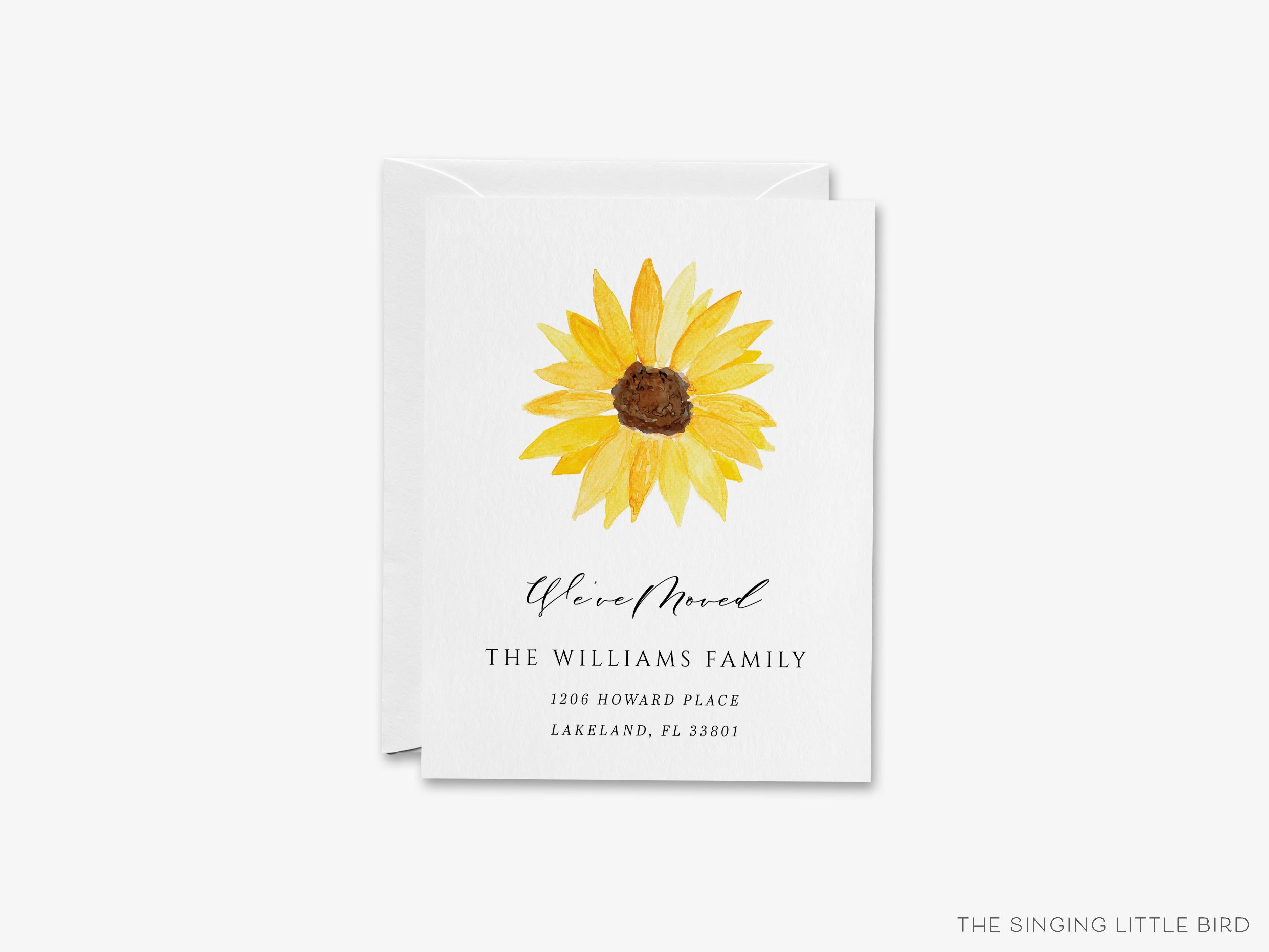Sunflower Moving Announcement-These personalized flat change of address cards are 4.25x5.5 and feature our hand-painted watercolor Sunflower, printed in the USA on 120lb textured stock. They come with your choice of envelopes and make great moving announcements for the sunflower lover.-The Singing Little Bird