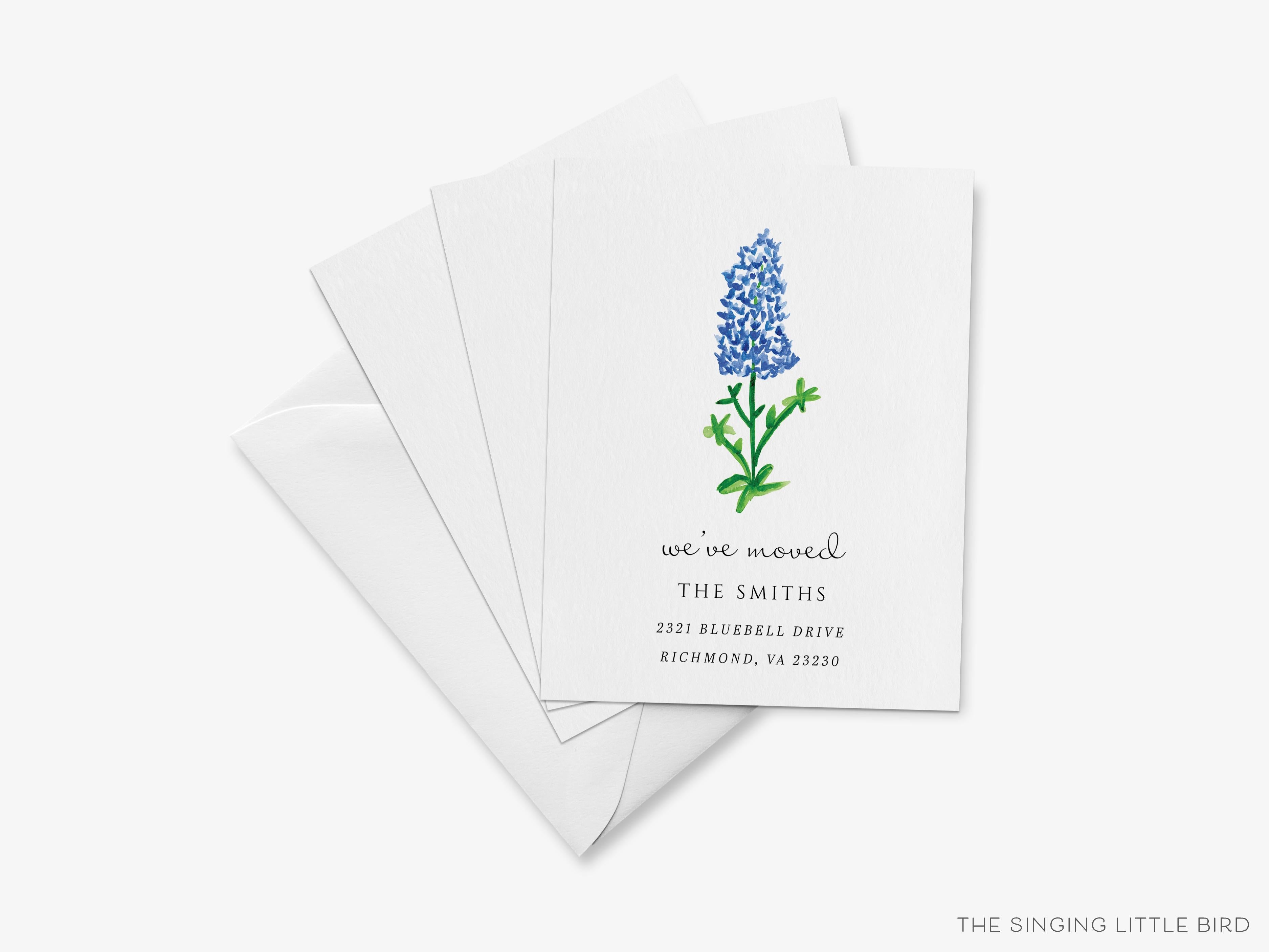 Texas Bluebonnet Moving Announcement-These personalized flat change of address cards are 4.25x5.5 and feature our hand-painted watercolor bluebonnet printed in the USA on 120lb textured stock. They come with your choice of envelopes and make great moving announcements for the floral lover.-The Singing Little Bird