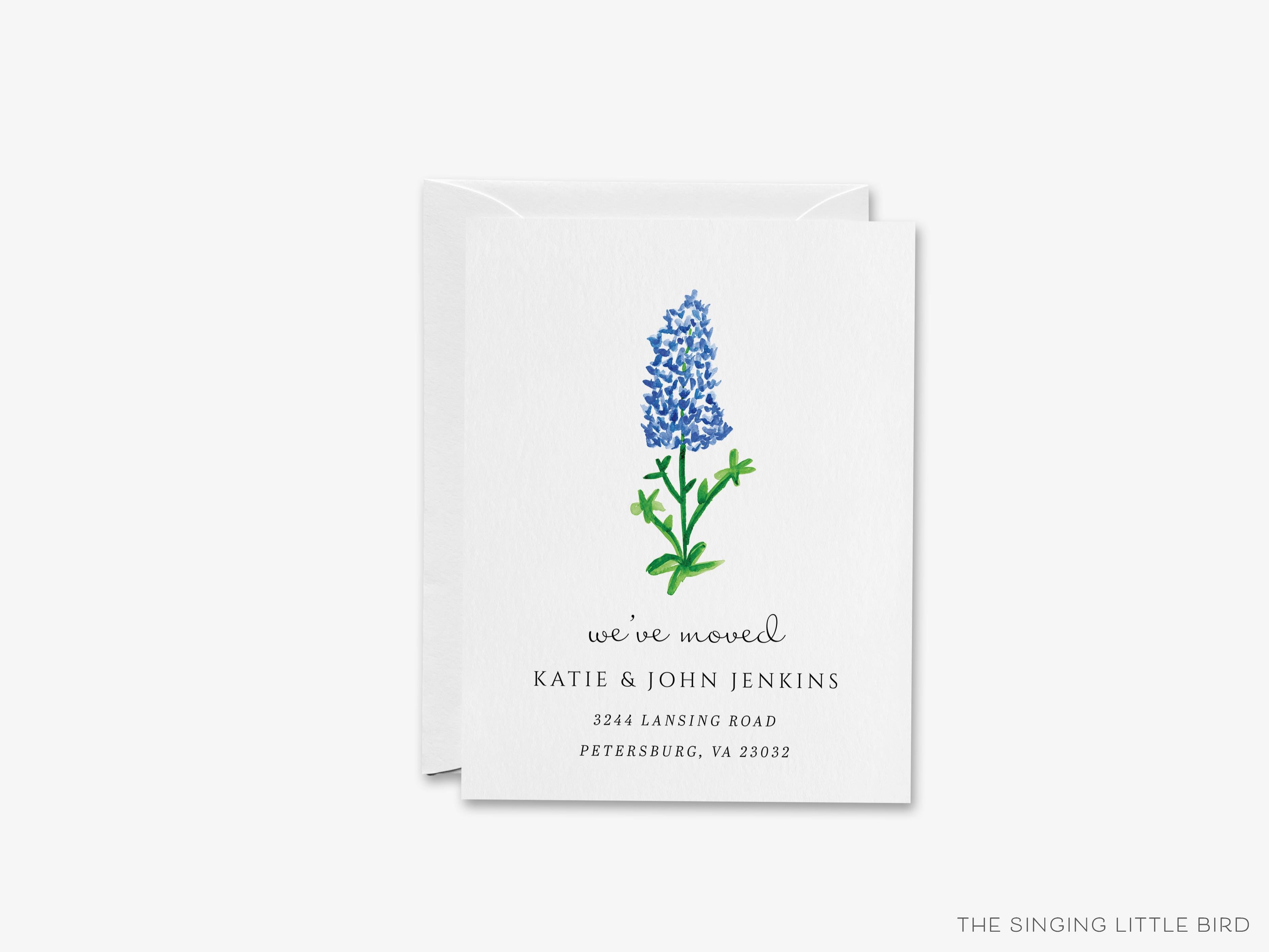 Texas Bluebonnet Moving Announcement-These personalized flat change of address cards are 4.25x5.5 and feature our hand-painted watercolor bluebonnet printed in the USA on 120lb textured stock. They come with your choice of envelopes and make great moving announcements for the floral lover.-The Singing Little Bird