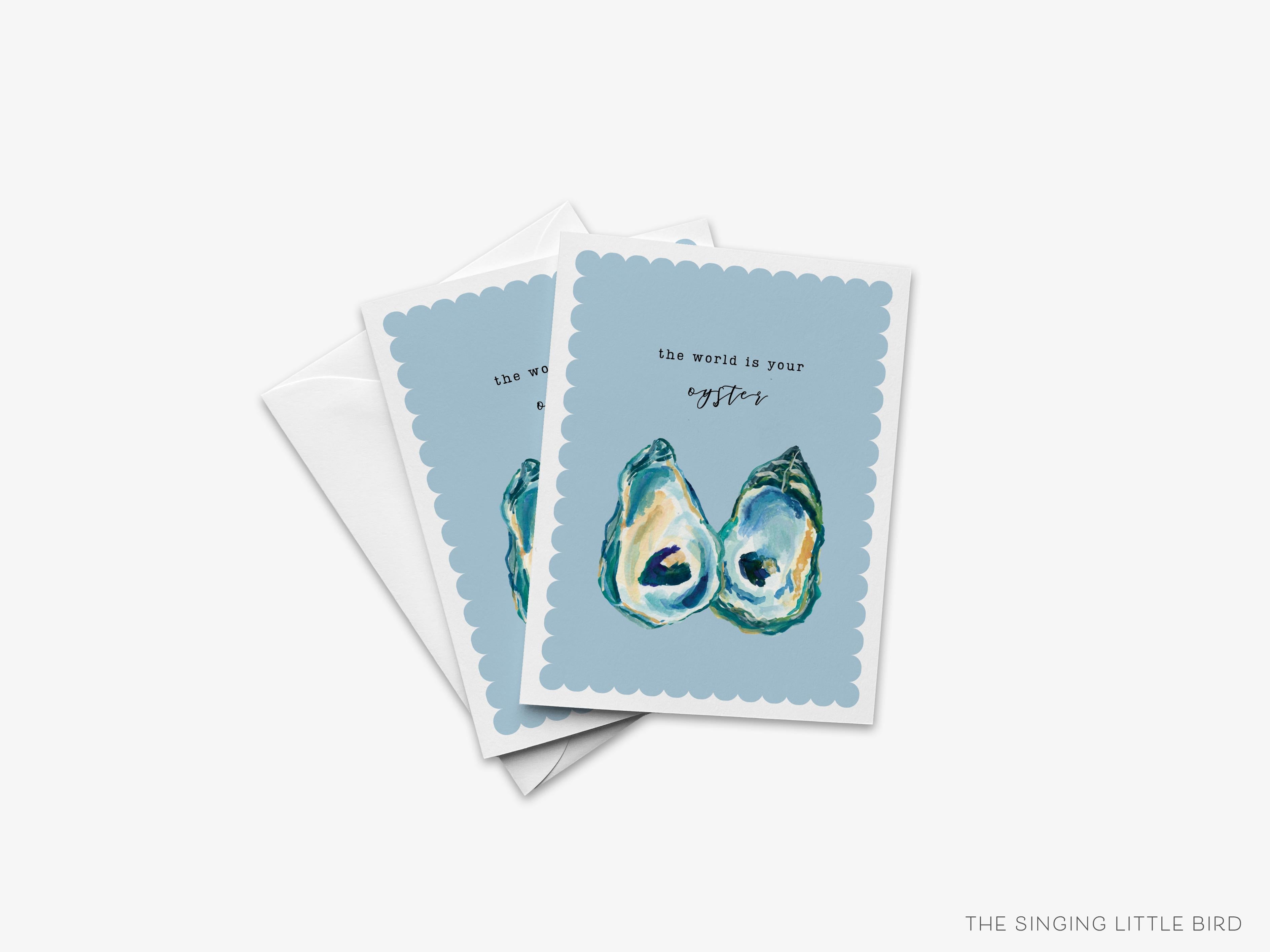 The World Is Your Oyster Card-These folded graduation cards are 4.25x5.5 and feature our hand-painted watercolor oyster, printed in the USA on 100lb textured stock. They come with a White envelope and make a great congrats card for the oyster lover in your life.-The Singing Little Bird