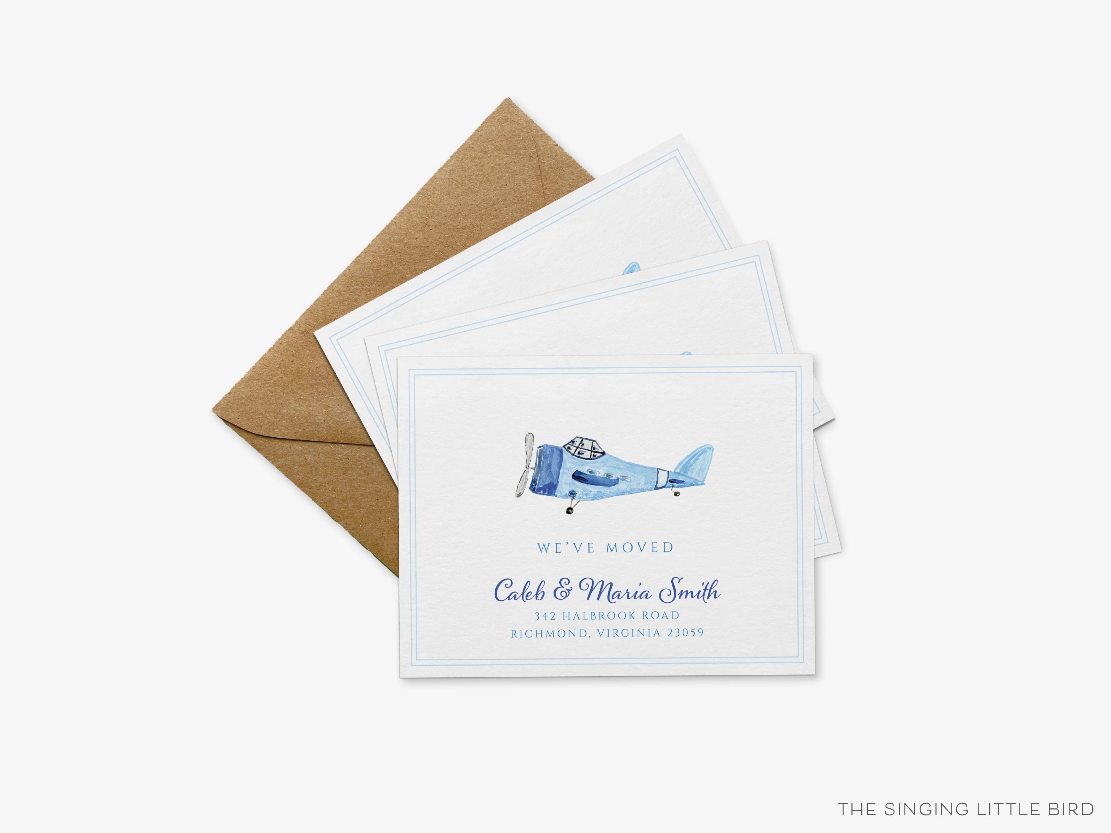Vintage Plane Moving Announcement-These personalized flat change of address cards are 4.25x5.5 and feature our hand-painted watercolor Vintage Plane, printed in the USA on 120lb textured stock. They come with your choice of envelopes and make great moving announcements for the vintage lover.-The Singing Little Bird