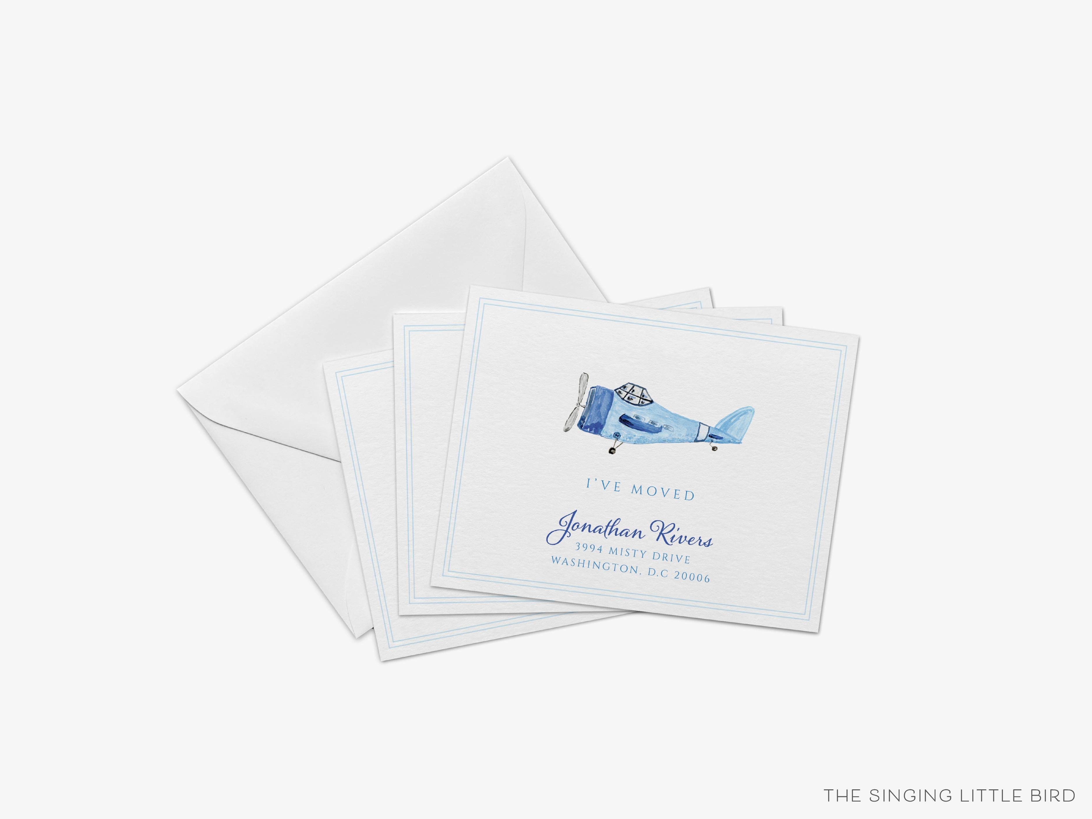 Vintage Plane Moving Announcement-These personalized flat change of address cards are 4.25x5.5 and feature our hand-painted watercolor Vintage Plane, printed in the USA on 120lb textured stock. They come with your choice of envelopes and make great moving announcements for the vintage lover.-The Singing Little Bird