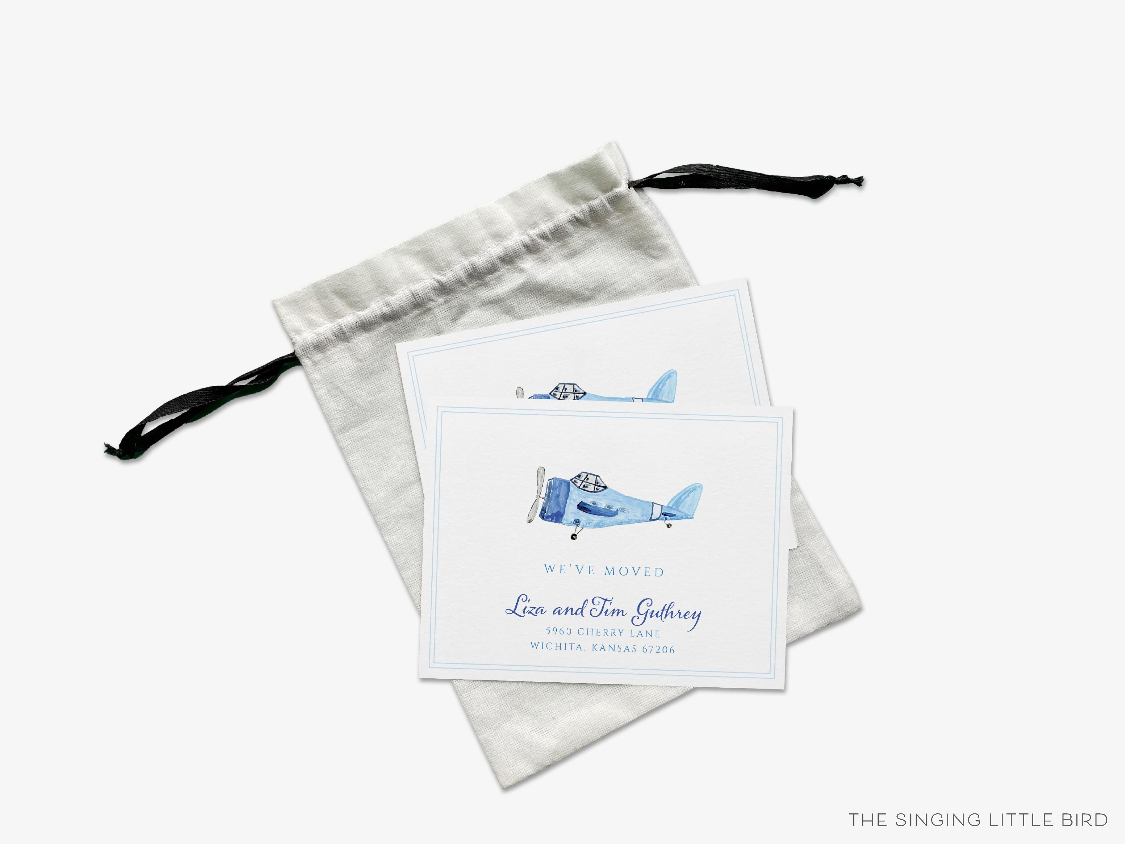 Vintage Plane Moving Announcement-These personalized flat change of address cards are 4.25x5.5 and feature our hand-painted watercolor Vintage Plane, printed in the USA on 120lb textured stock. They come with your choice of envelopes and make great moving announcements for the vintage lover.-The Singing Little Bird