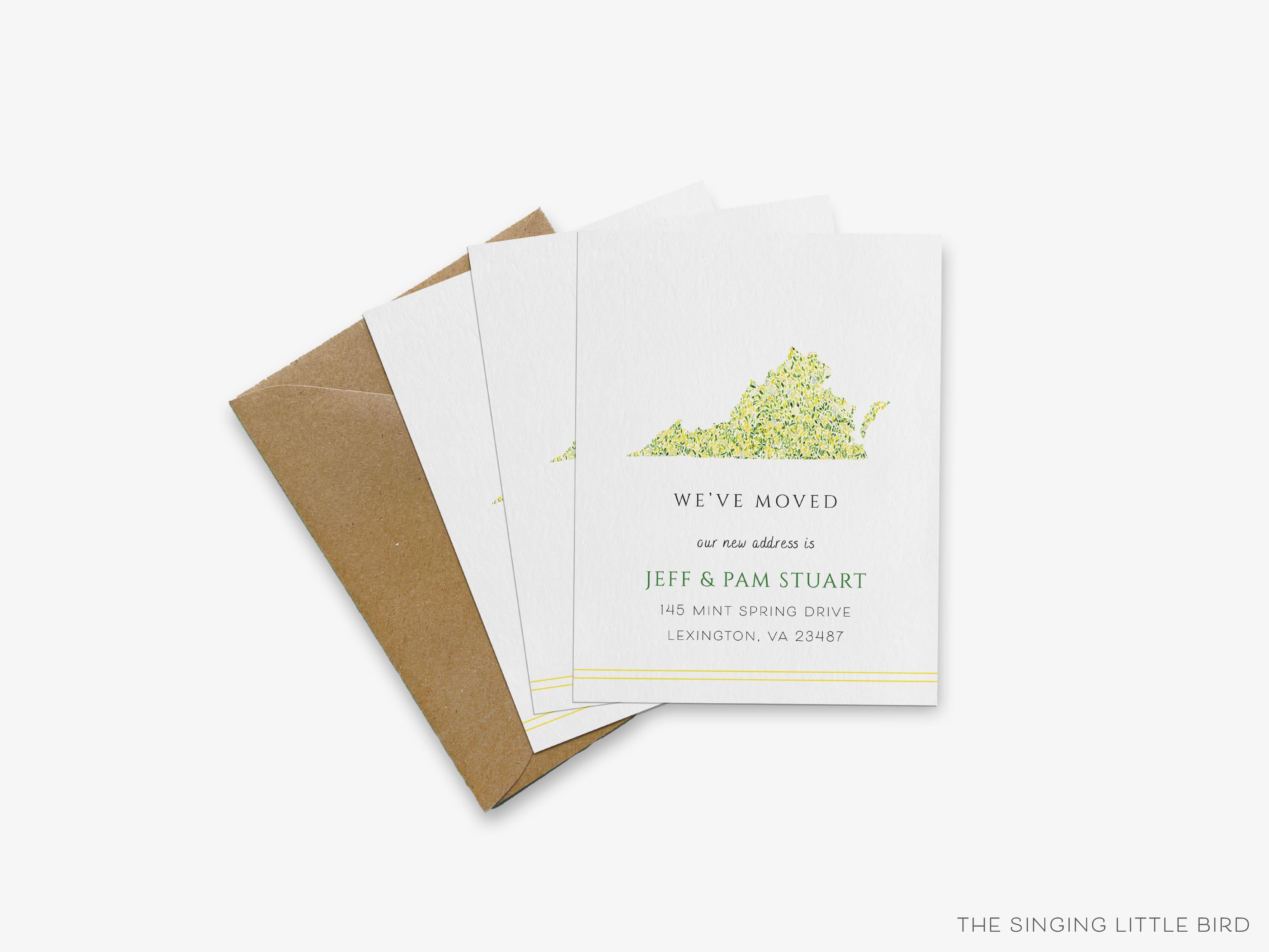 Virginia Moving Announcement-These personalized flat change of address cards are 4.25x5.5 and feature our hand-painted watercolor state of Virginia, printed in the USA on 120lb textured stock. They come with your choice of envelopes and make great moving announcements for the Virginia lover.-The Singing Little Bird