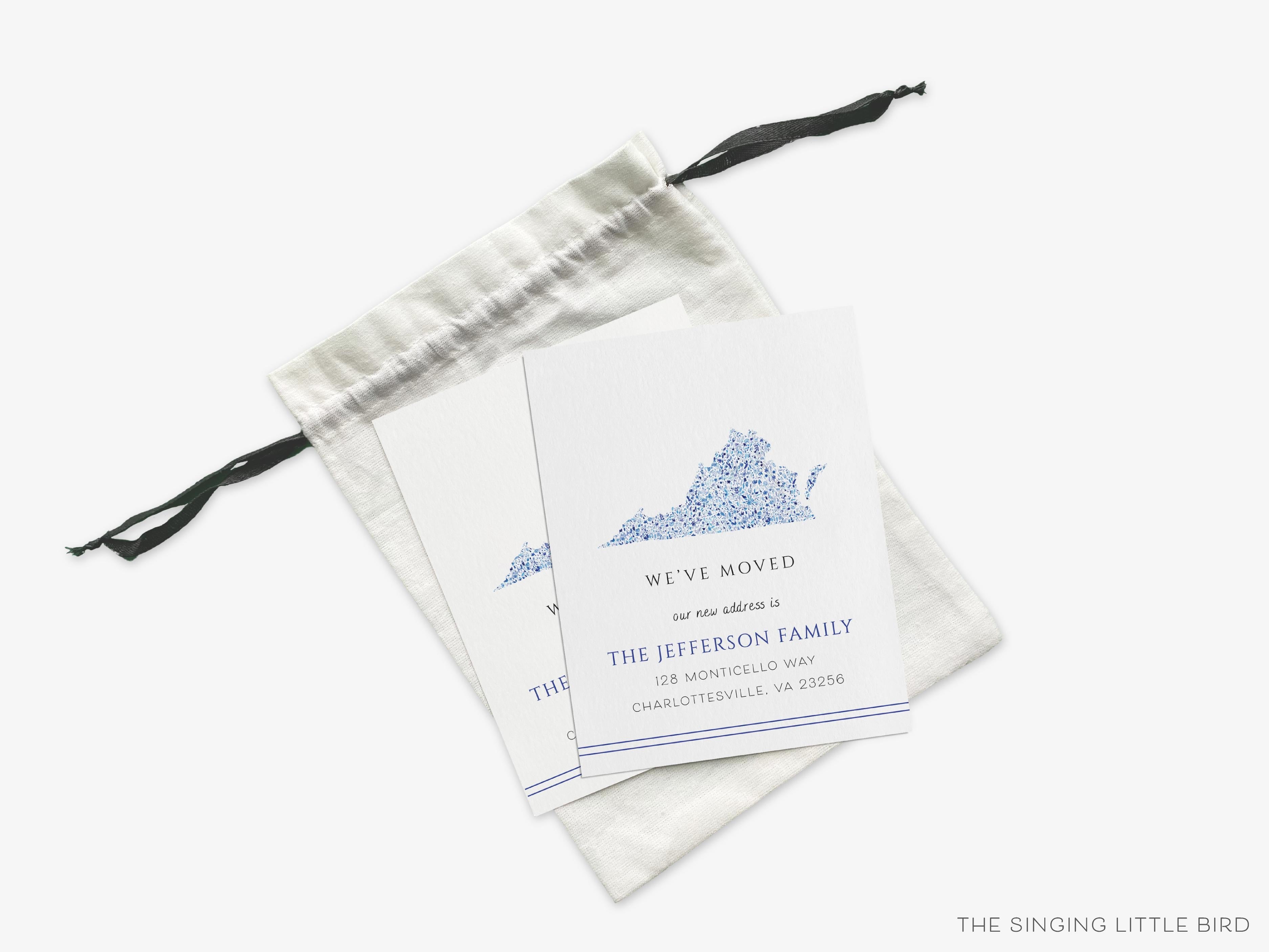 Virginia Moving Announcement-These personalized flat change of address cards are 4.25x5.5 and feature our hand-painted watercolor state of Virginia, printed in the USA on 120lb textured stock. They come with your choice of envelopes and make great moving announcements for the Virginia lover.-The Singing Little Bird