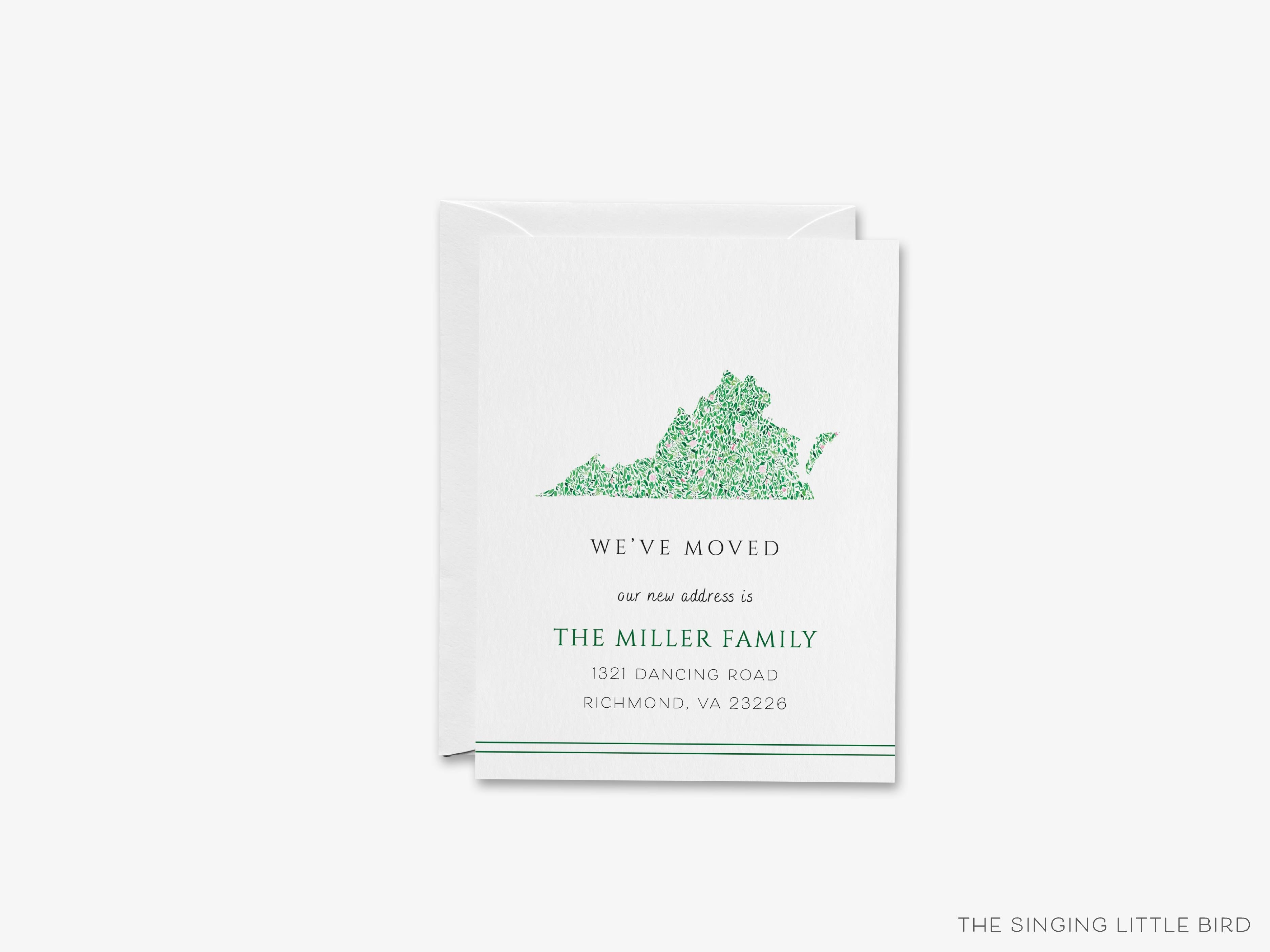 Virginia Moving Announcement-These personalized flat change of address cards are 4.25x5.5 and feature our hand-painted watercolor state of Virginia, printed in the USA on 120lb textured stock. They come with your choice of envelopes and make great moving announcements for the Virginia lover.-The Singing Little Bird