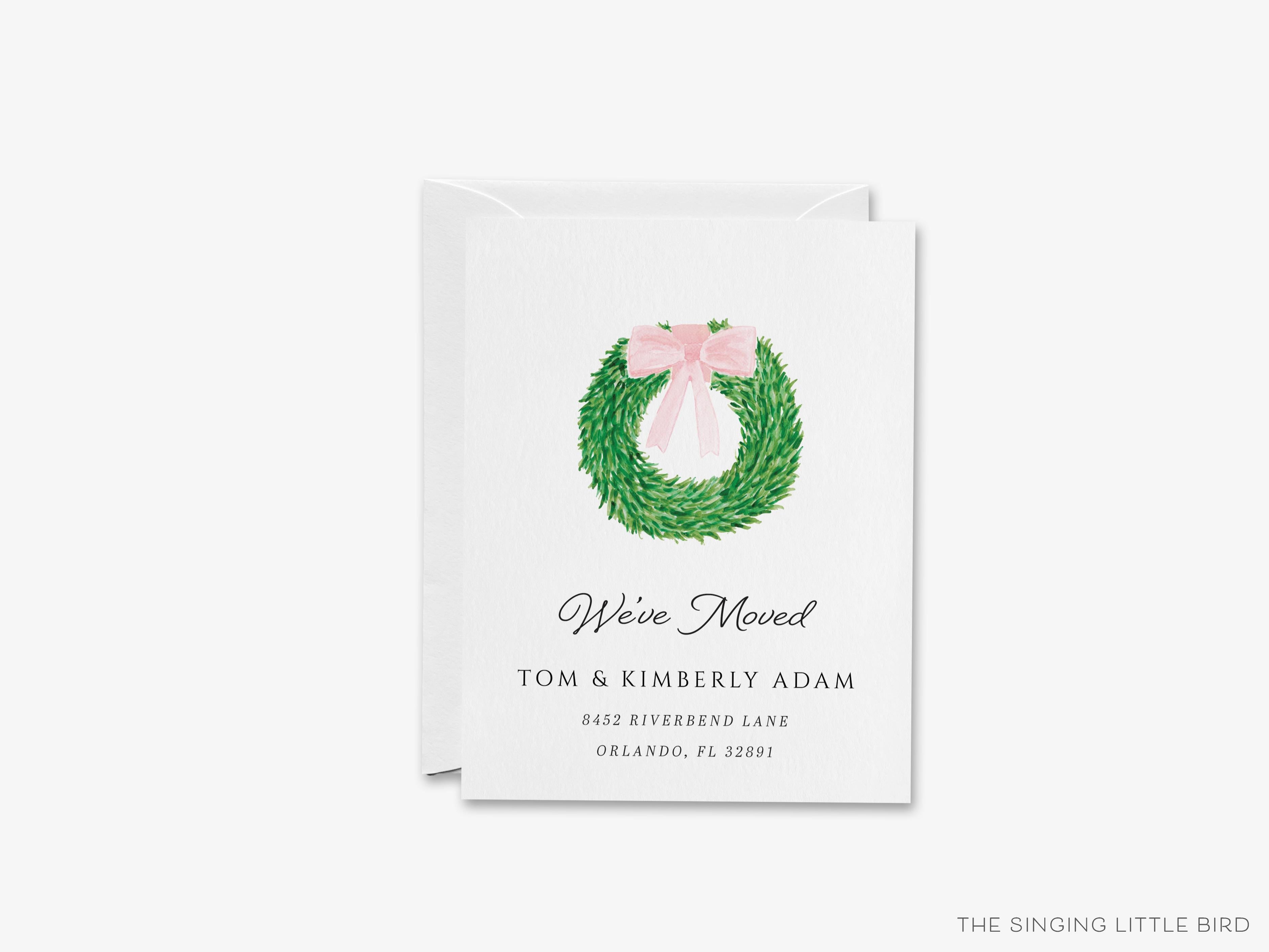 Wreath with Pink Bow Moving Announcement-These personalized flat change of address cards are 4.25x5.5 and feature our hand-painted watercolor wreath with a bow, printed in the USA on 120lb textured stock. They come with your choice of envelopes and make great moving announcements for the greenery lover.-The Singing Little Bird
