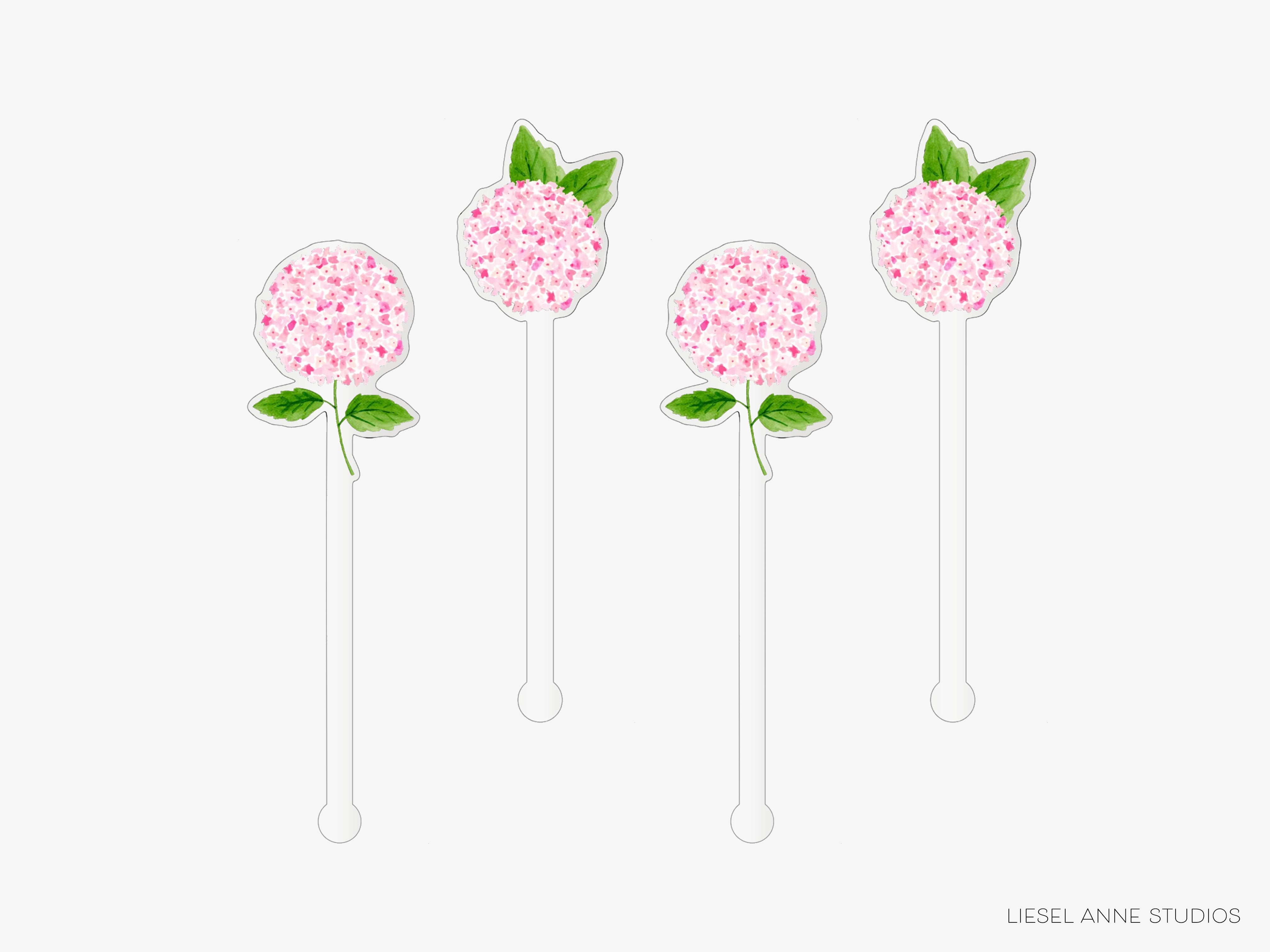 four pink flowers with green leaves, each on a white stick.