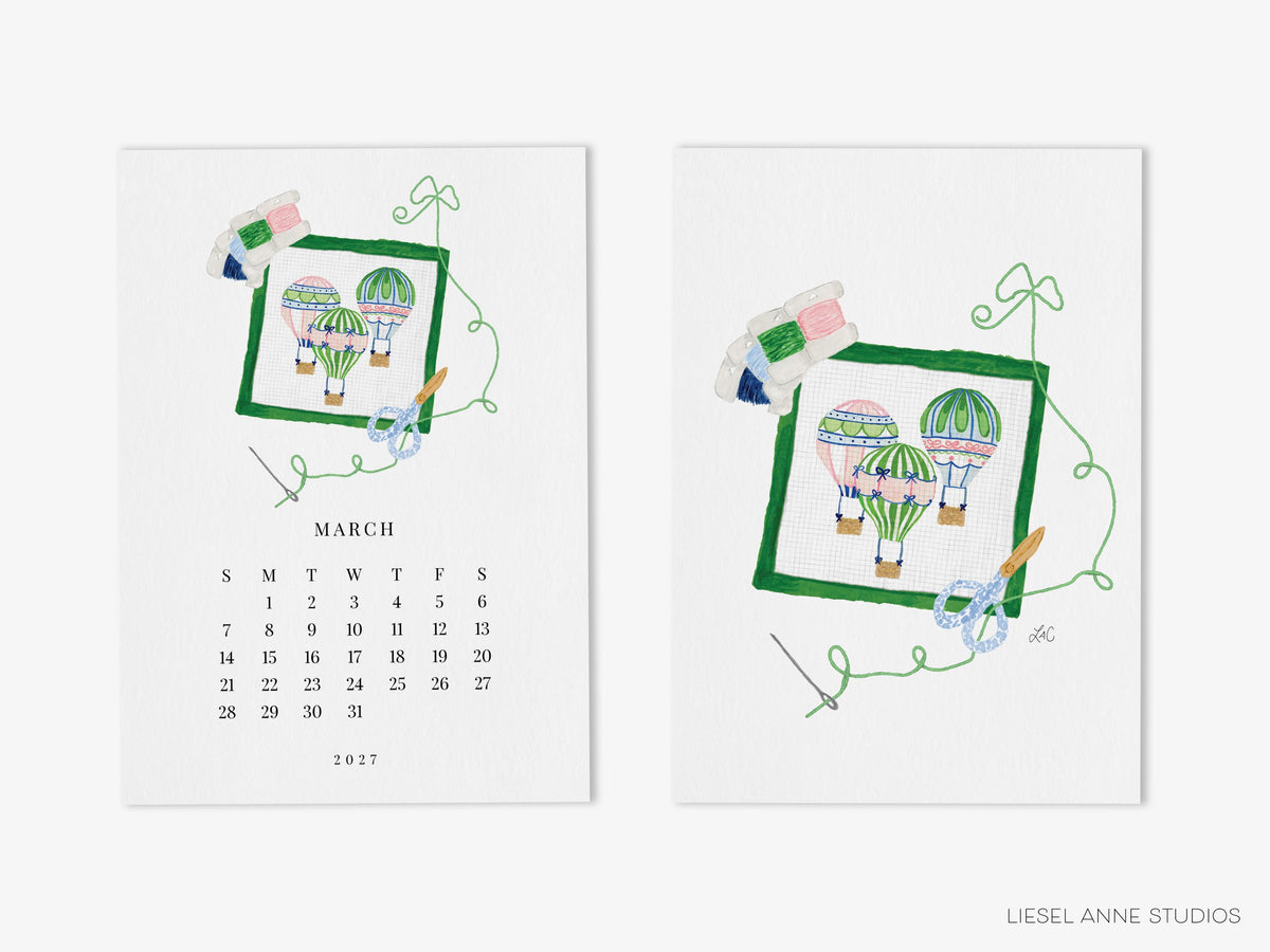 March needlepoint page of the Happy Hobbies 2027 desk calendar beside its art print back, a gift for needlepoint lovers