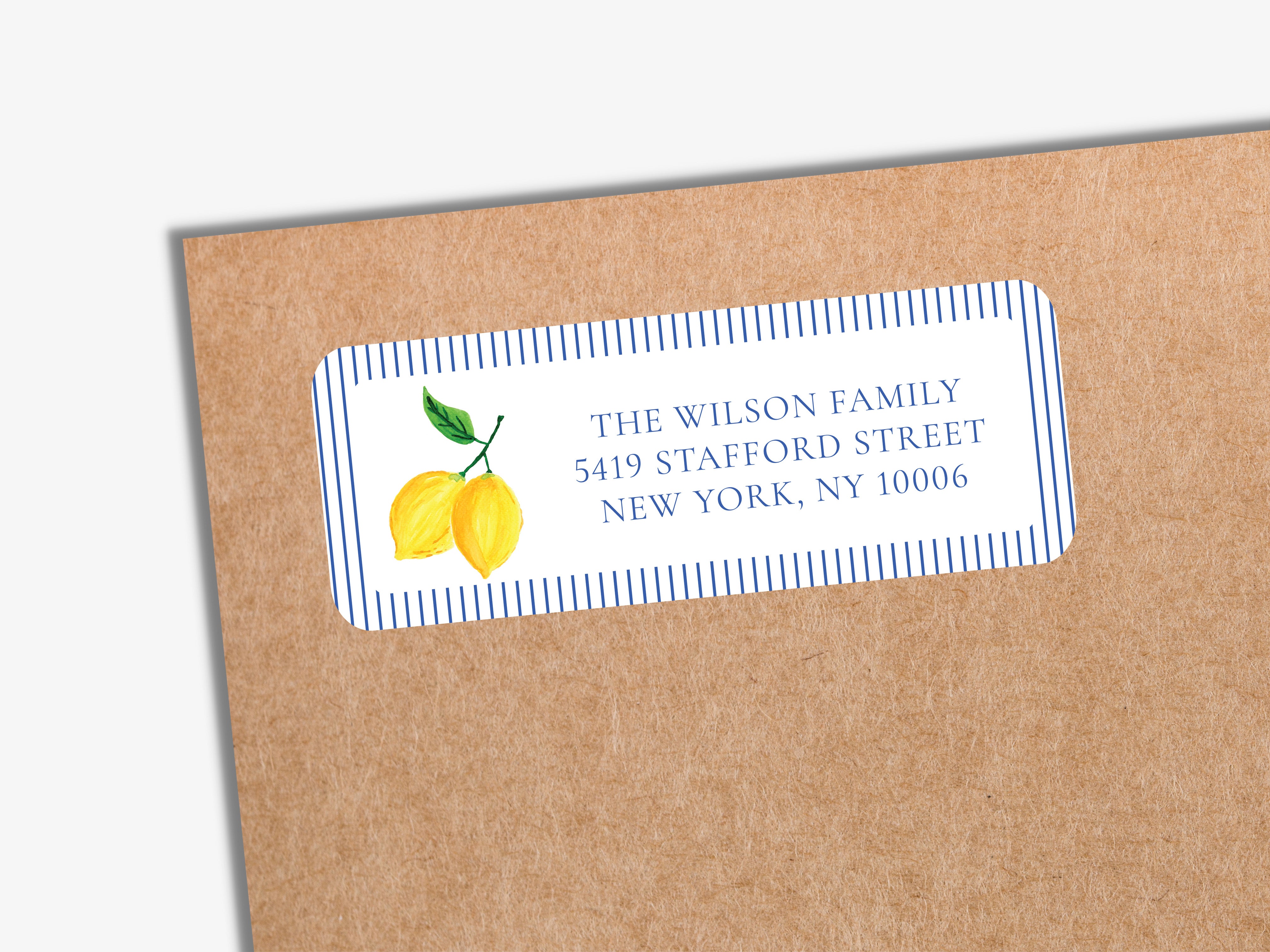 a brown envelope with a label on it, featuring a lemon graphic and text.