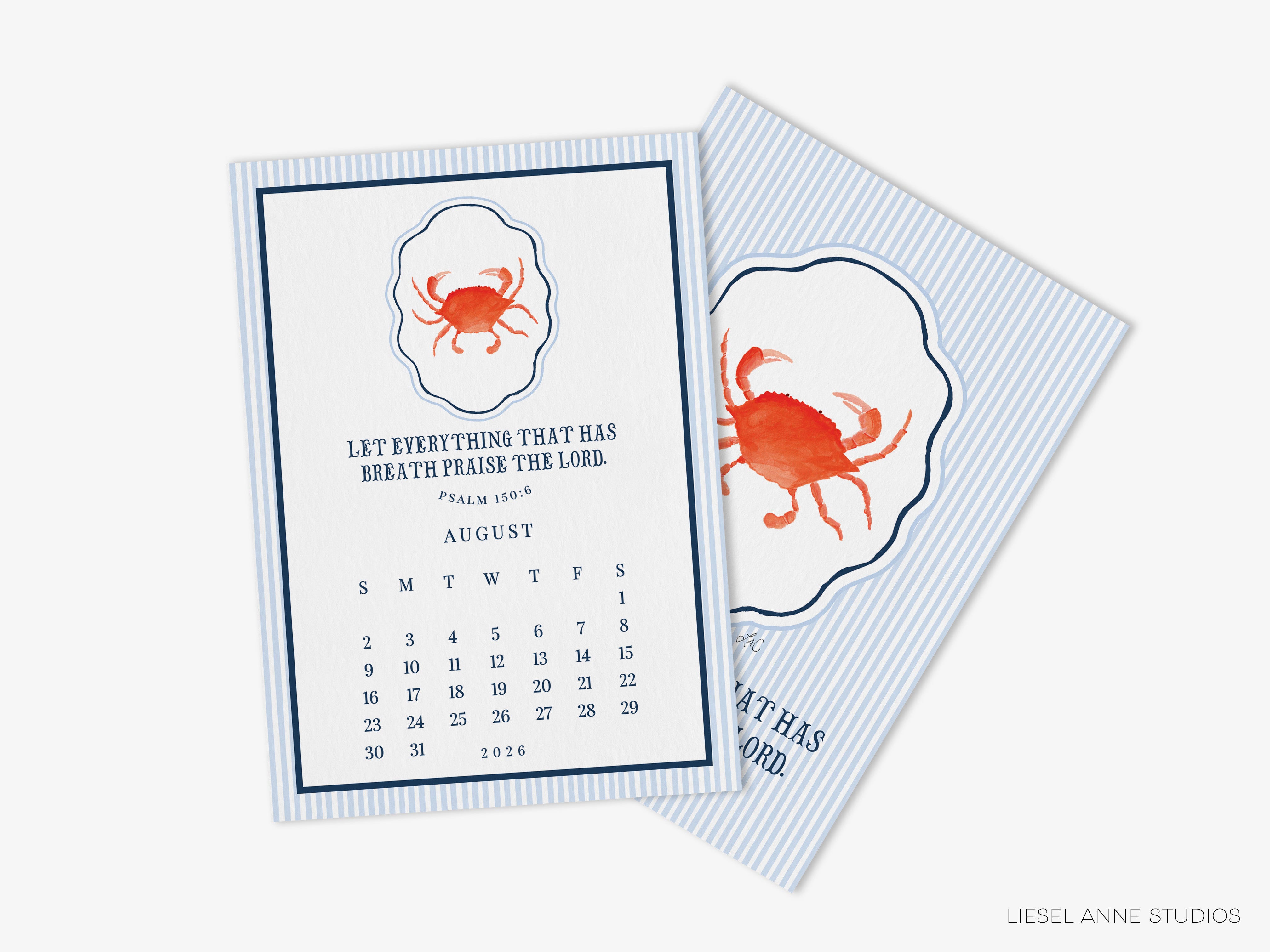 A calendar for the month of August, featuring a crab illustration and a Bible verse from Psalm 150.