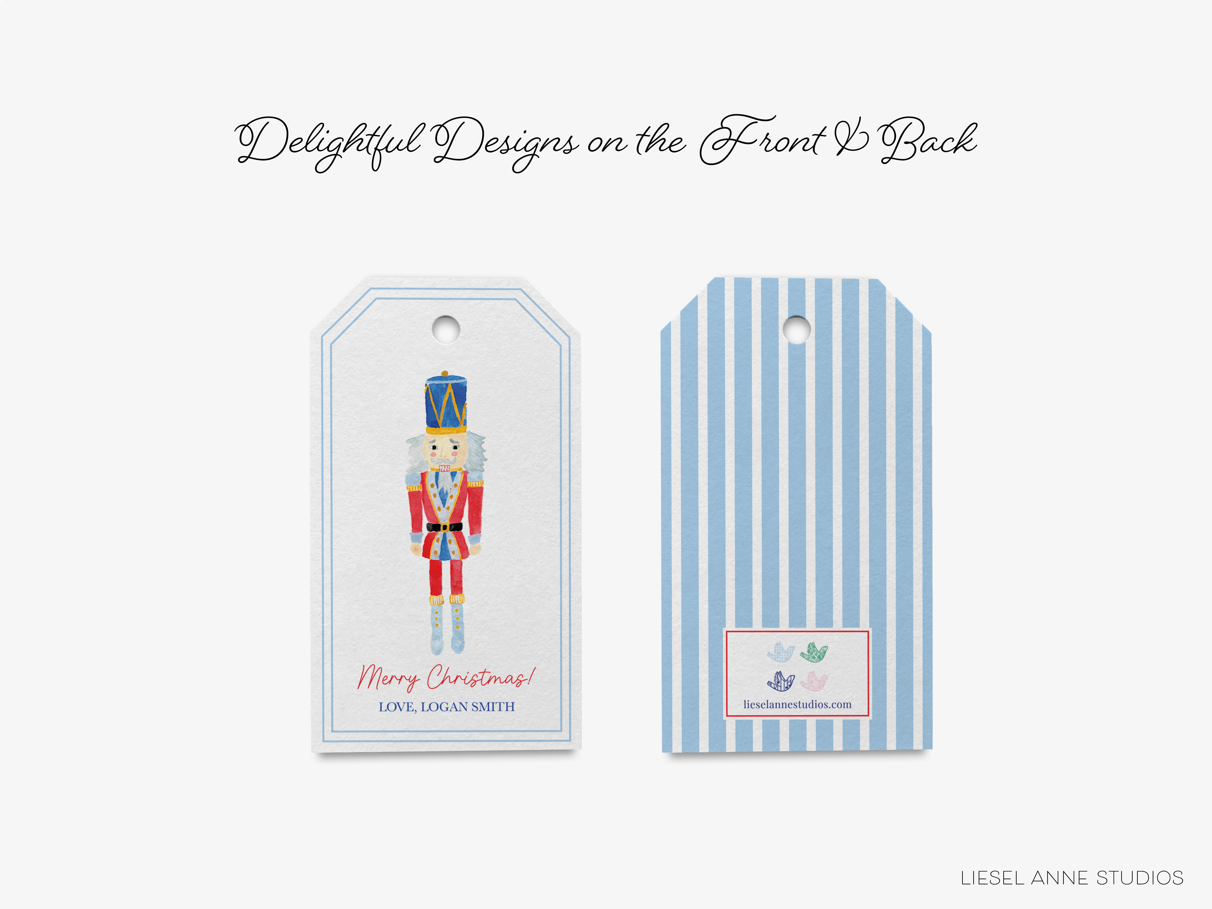 two tags, one with a nutcracker and the other with blue stripes, both displaying a Christmas message.