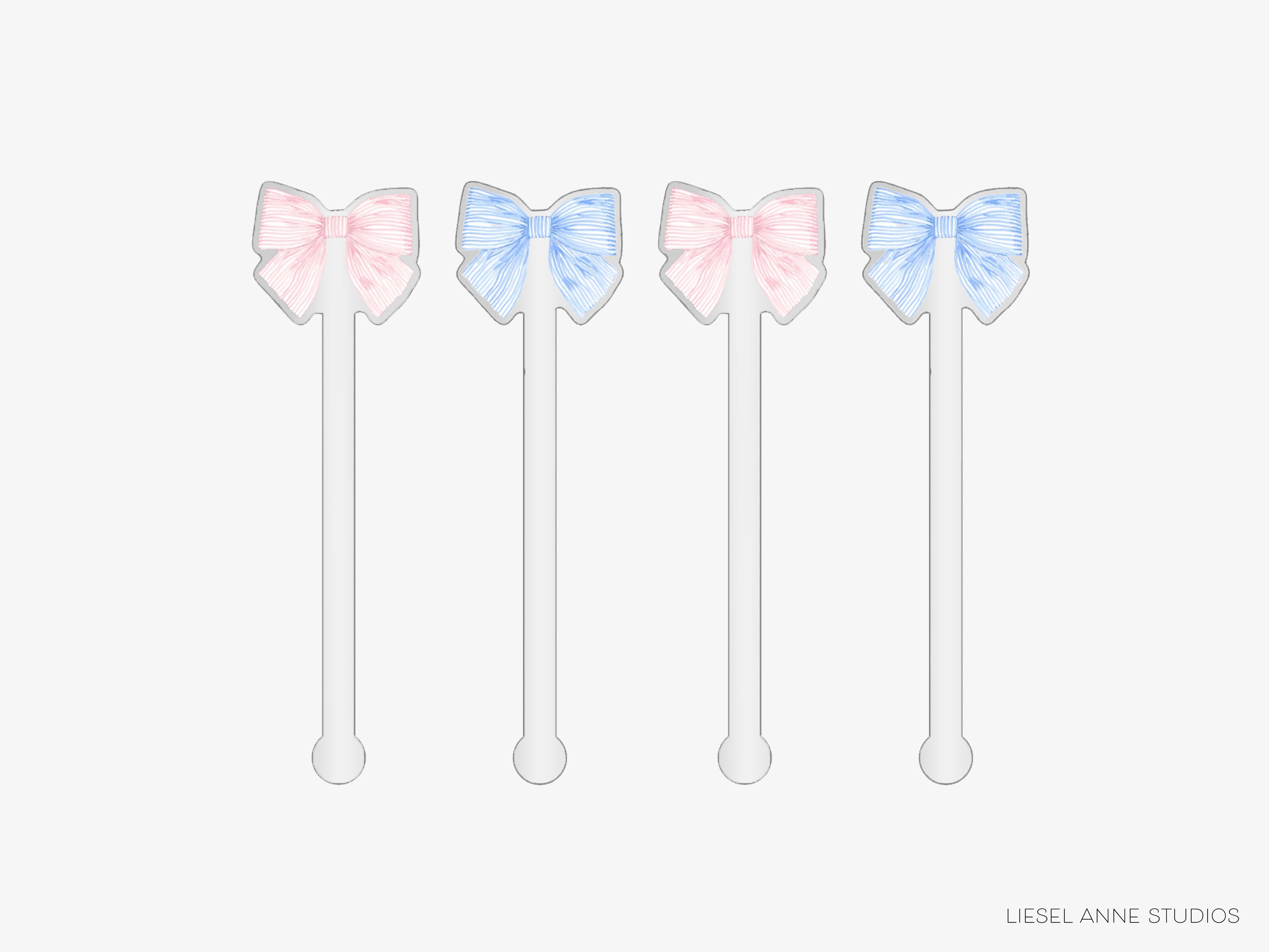 four white stick-like objects with pink and blue bows on them, arranged in a row.
