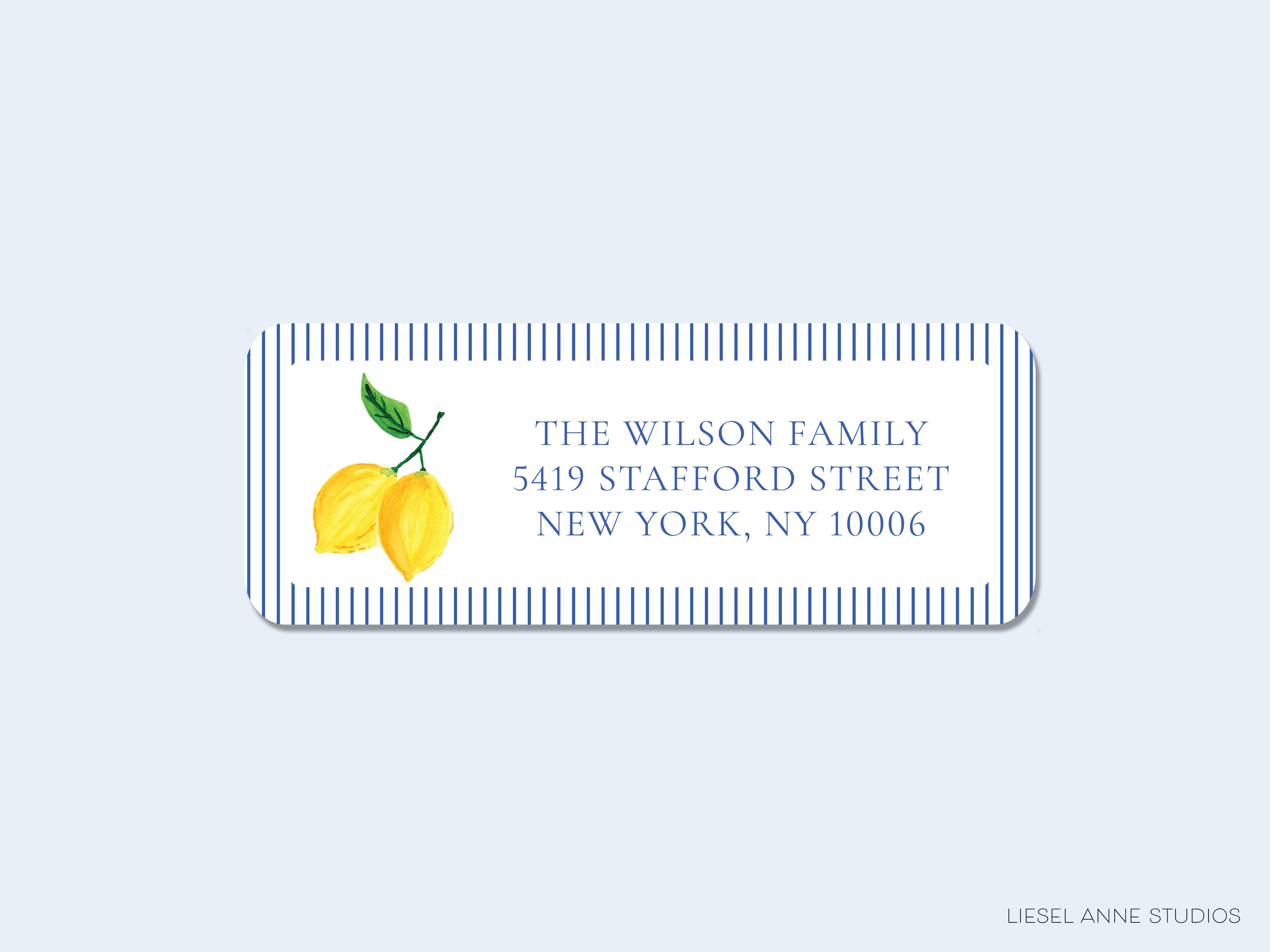 The image is a rectangular address label with a blue and white striped border, featuring a lemon graphic and text that reads "THE WILSON FAMILY 5419 STAFFORD STREET NEW YORK, NY 10006".