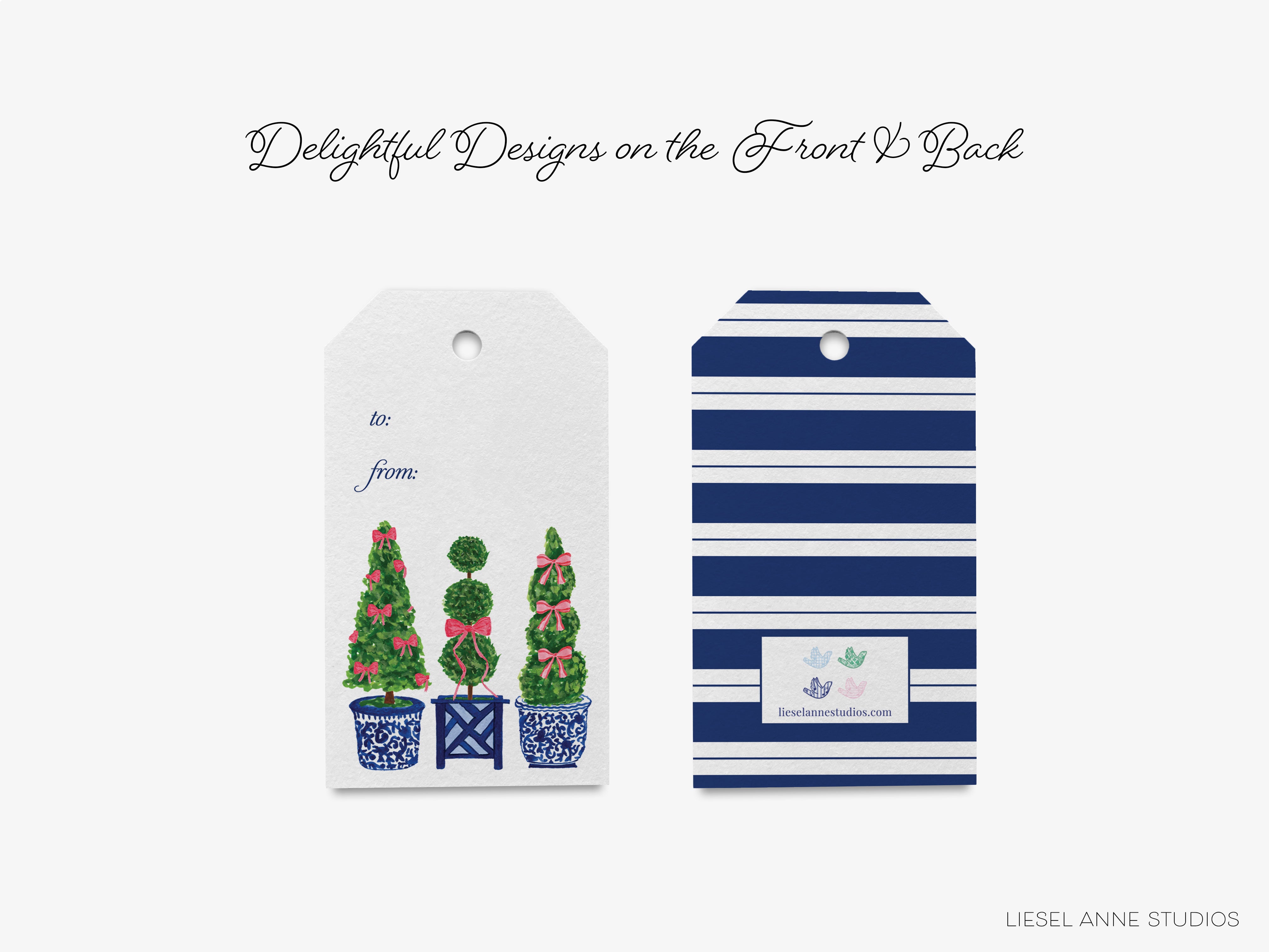 two tags, one with a white background and the other with a blue and white striped background, both featuring illustrations of topiary trees.