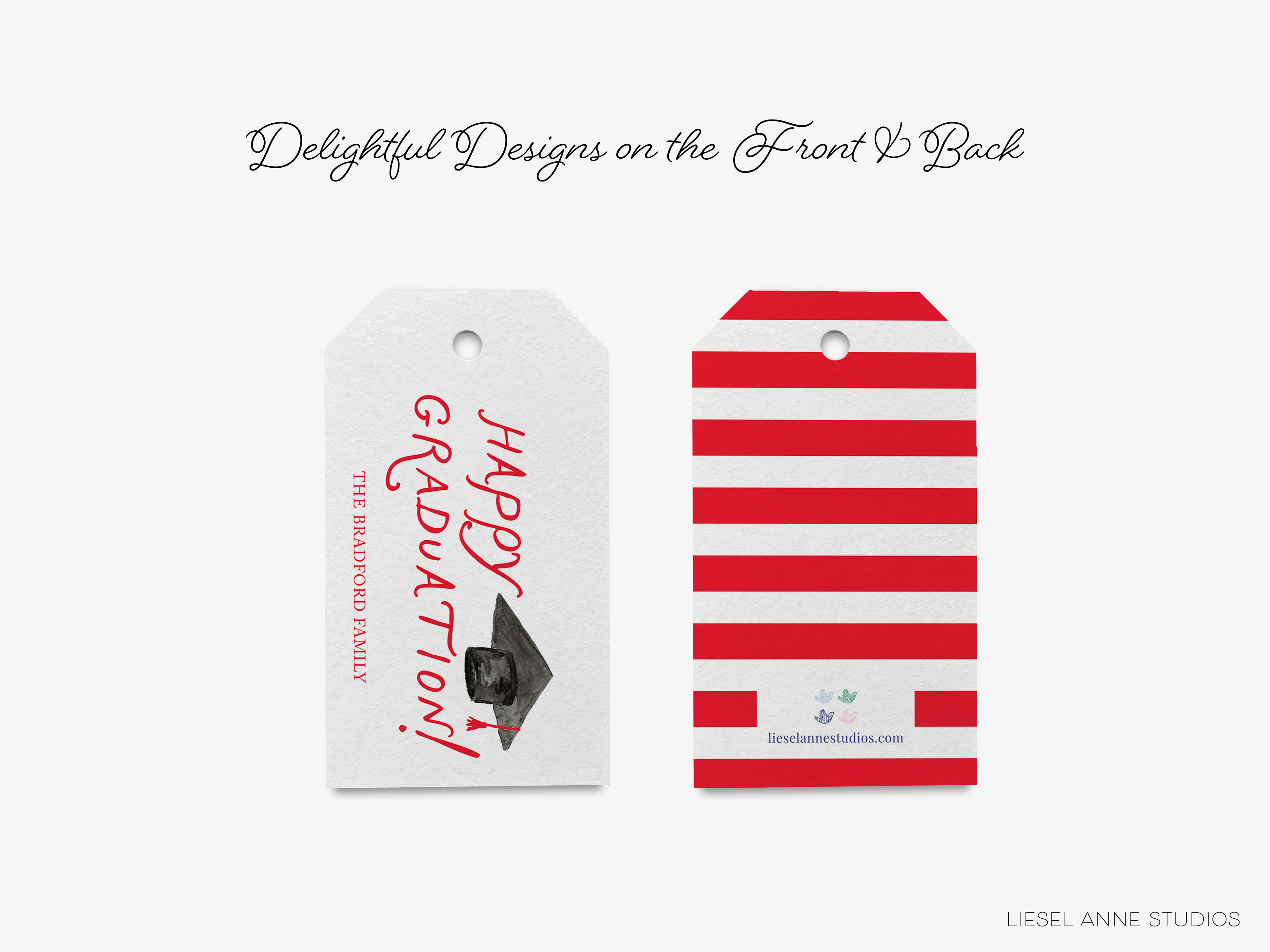 two graduation-themed tags, one with a red and white striped background and the other with a black graduation cap and mortarboard.