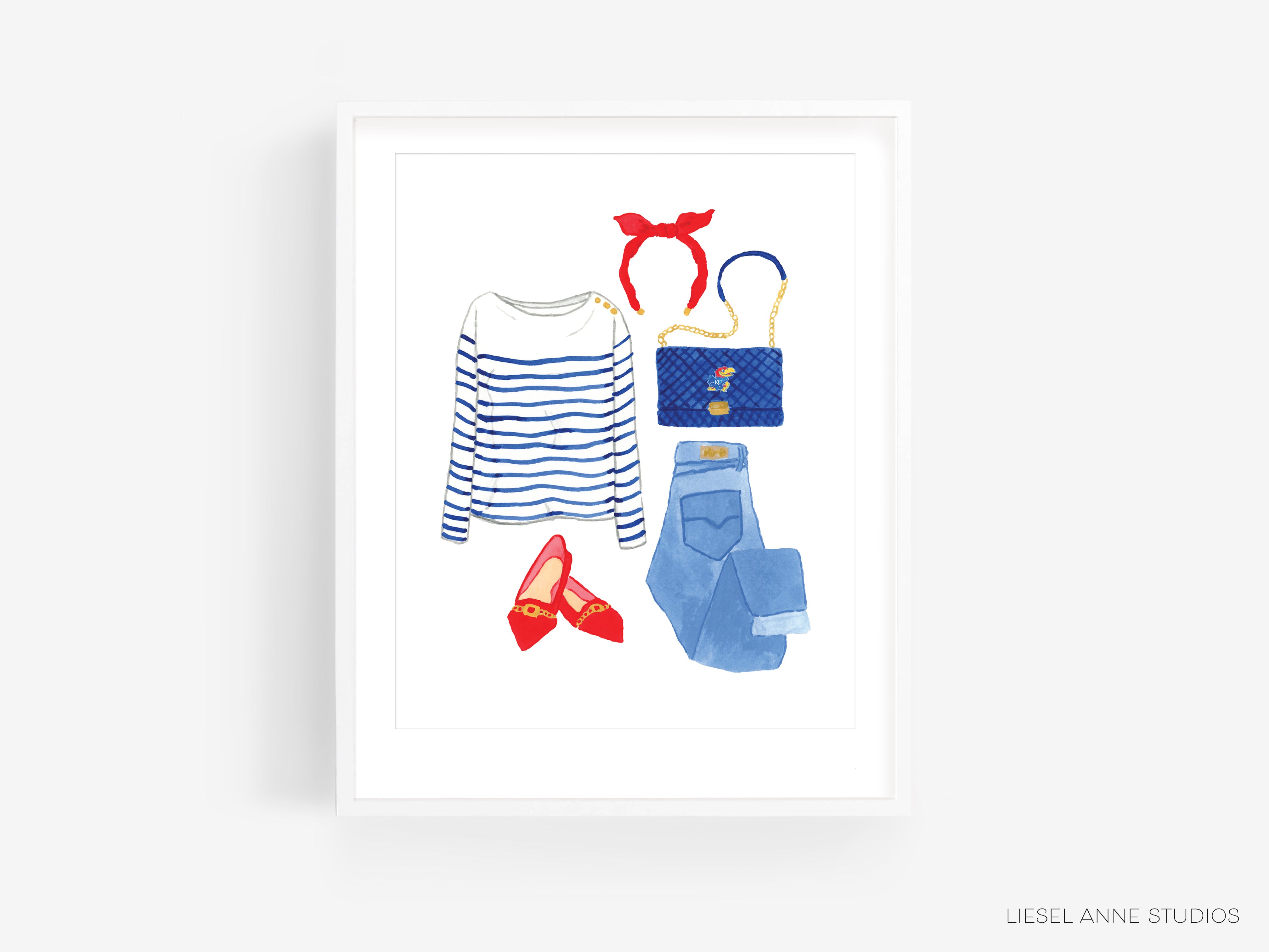 A framed illustration of a striped shirt, red bow, jeans, and red shoes, along with accessories such as a purse and a headband.