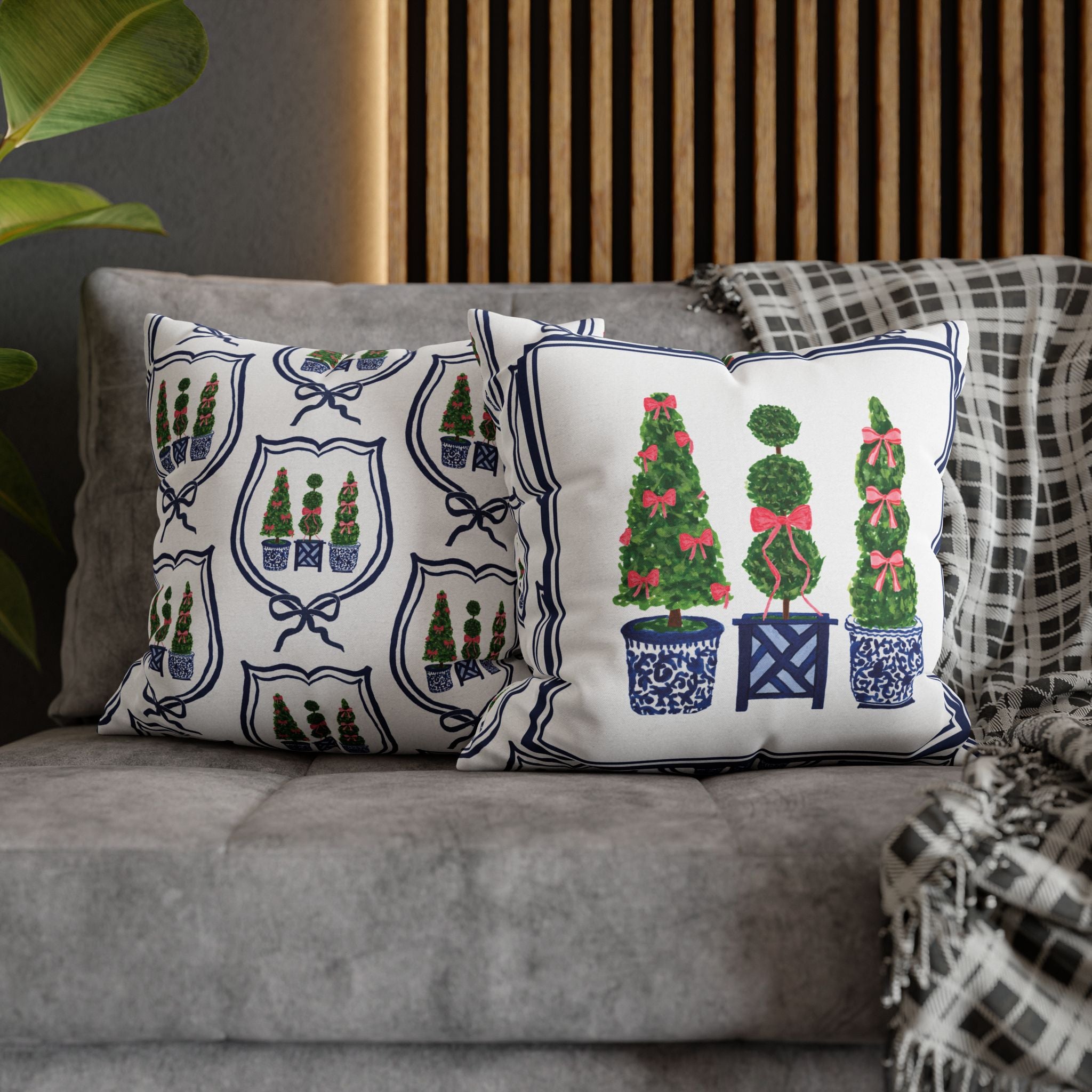 Topiary Trio Blue and White Christmas Pillow Cover