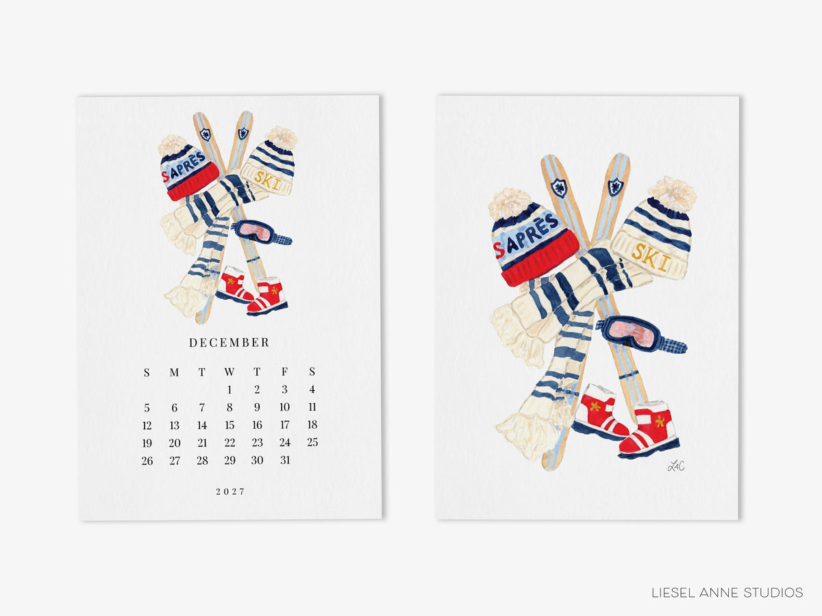 December skiing page of the Happy Hobbies 2027 desk calendar beside its art print back, a gift for ski lovers