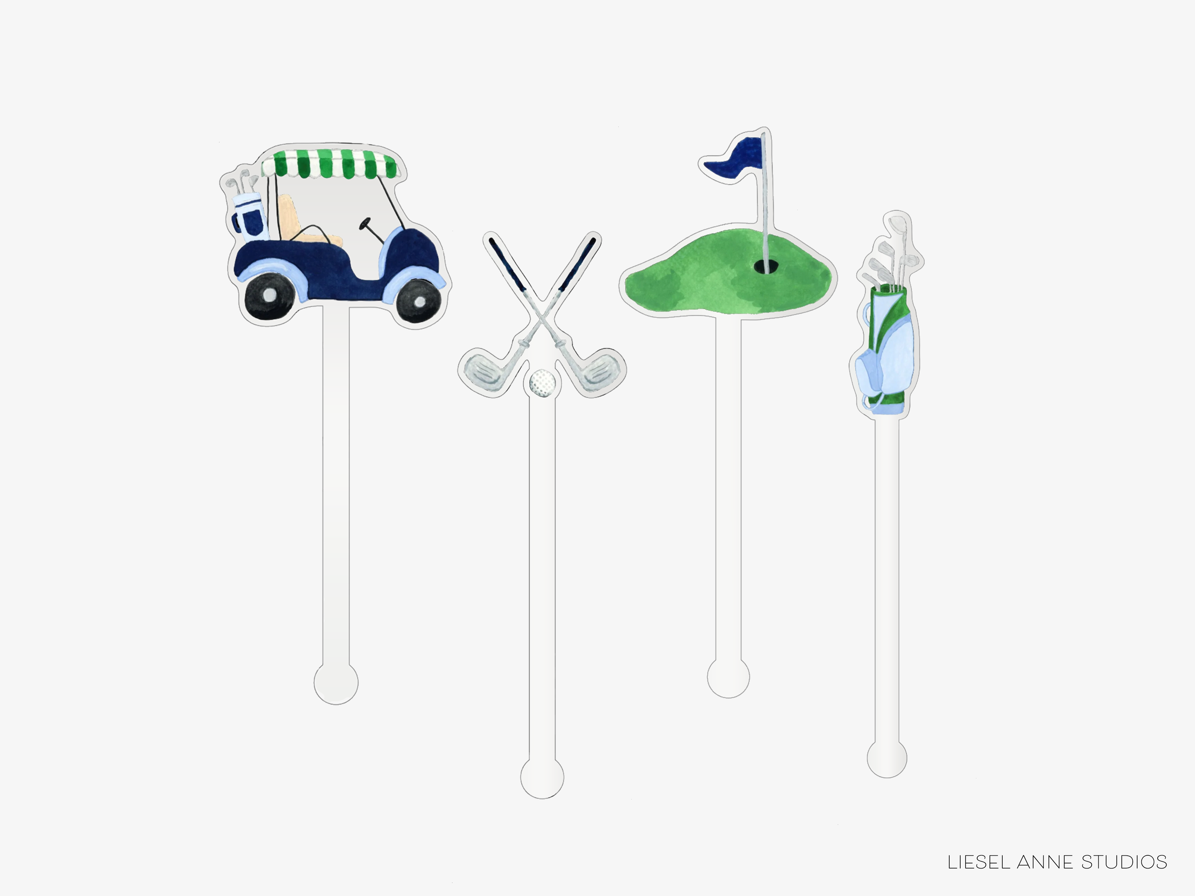 A collection of golf-themed cocktail stirrers, including a golf cart, golf clubs, and a flag, arranged in a row.