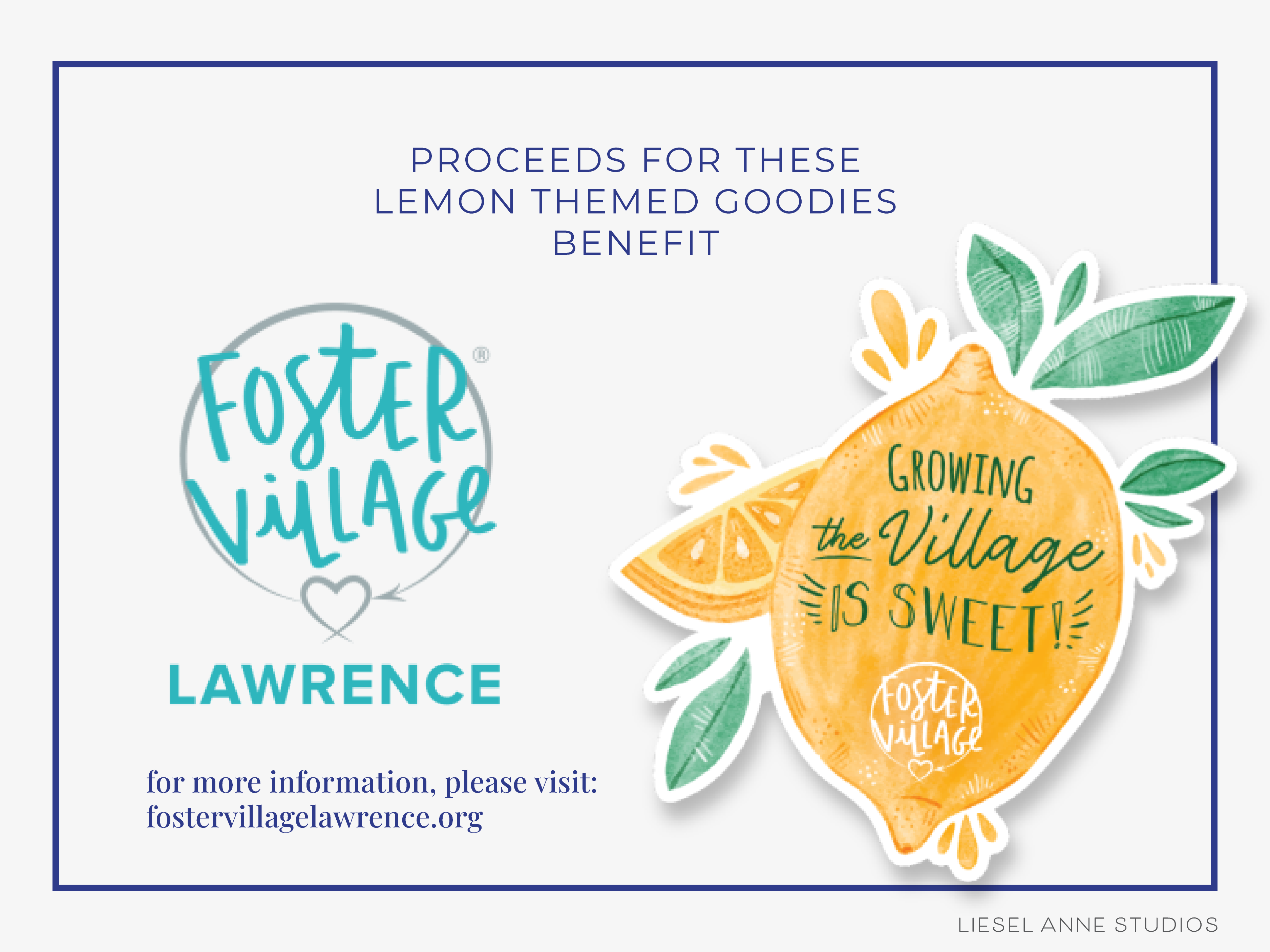 The image is an advertisement for Foster Village, featuring a lemon-themed design with text and logos.