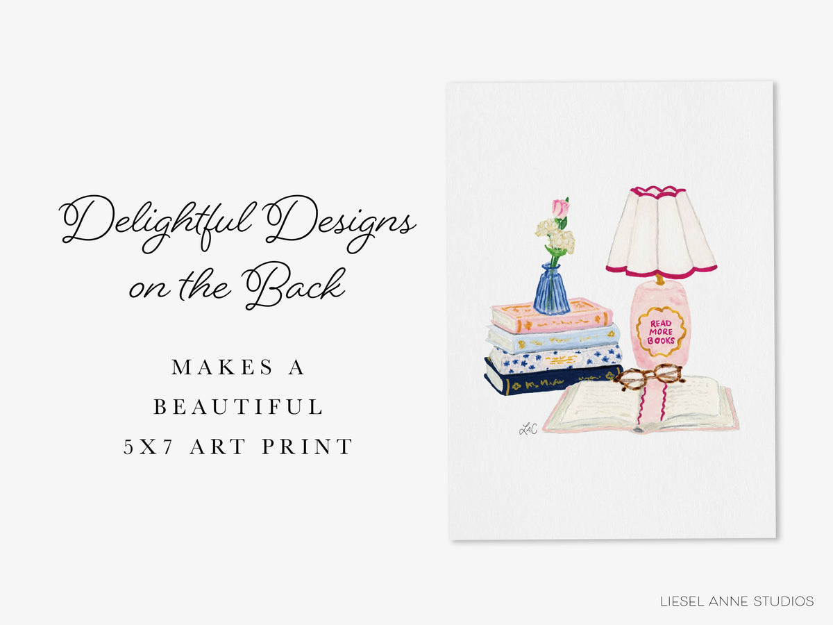 Back of the August reading page, a 5x7 watercolor art print with delightful designs on the back