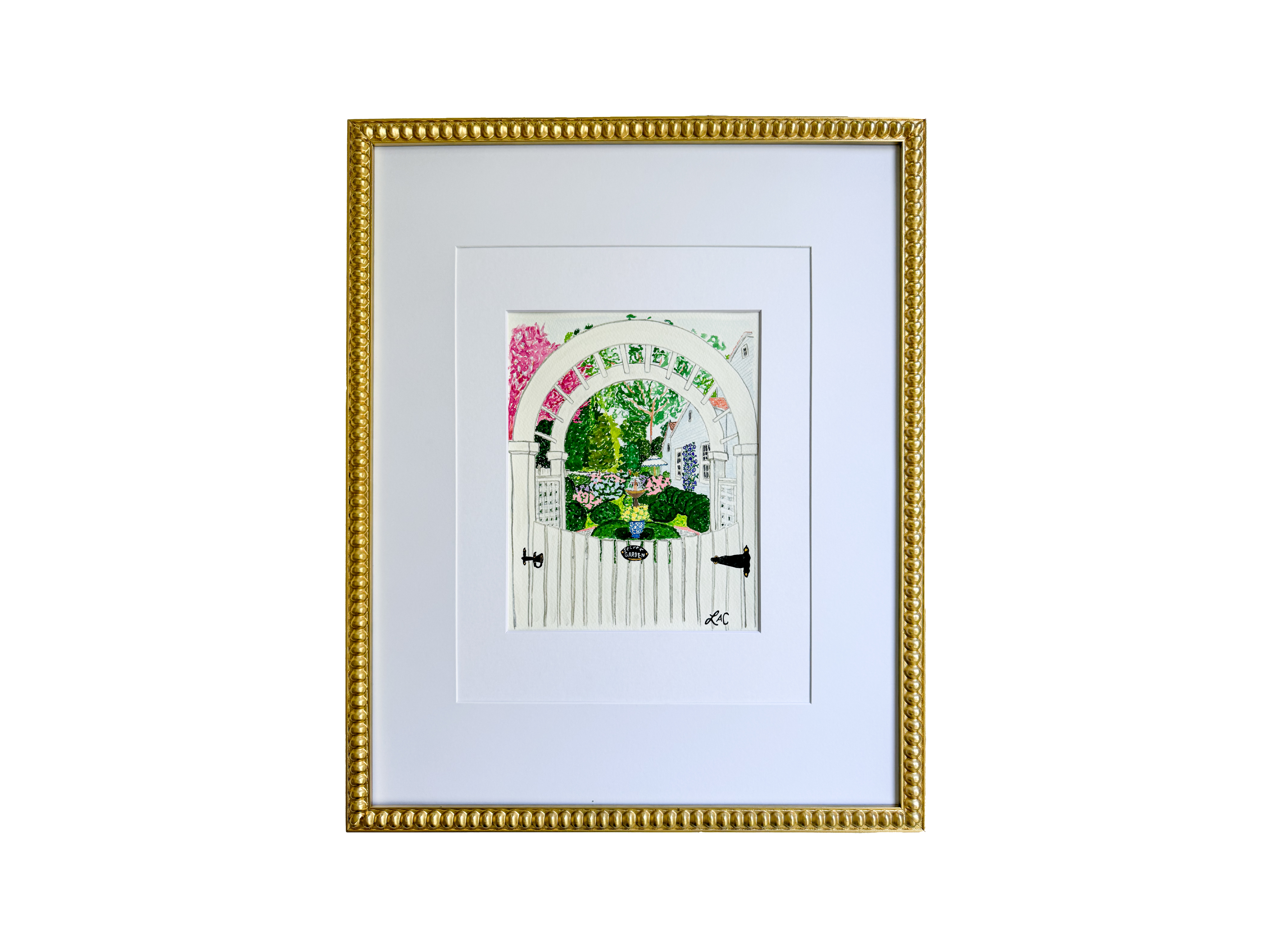 a framed artwork with a white background and a gold border. The artwork depicts a colorful, abstract scene with various shapes and patterns.
