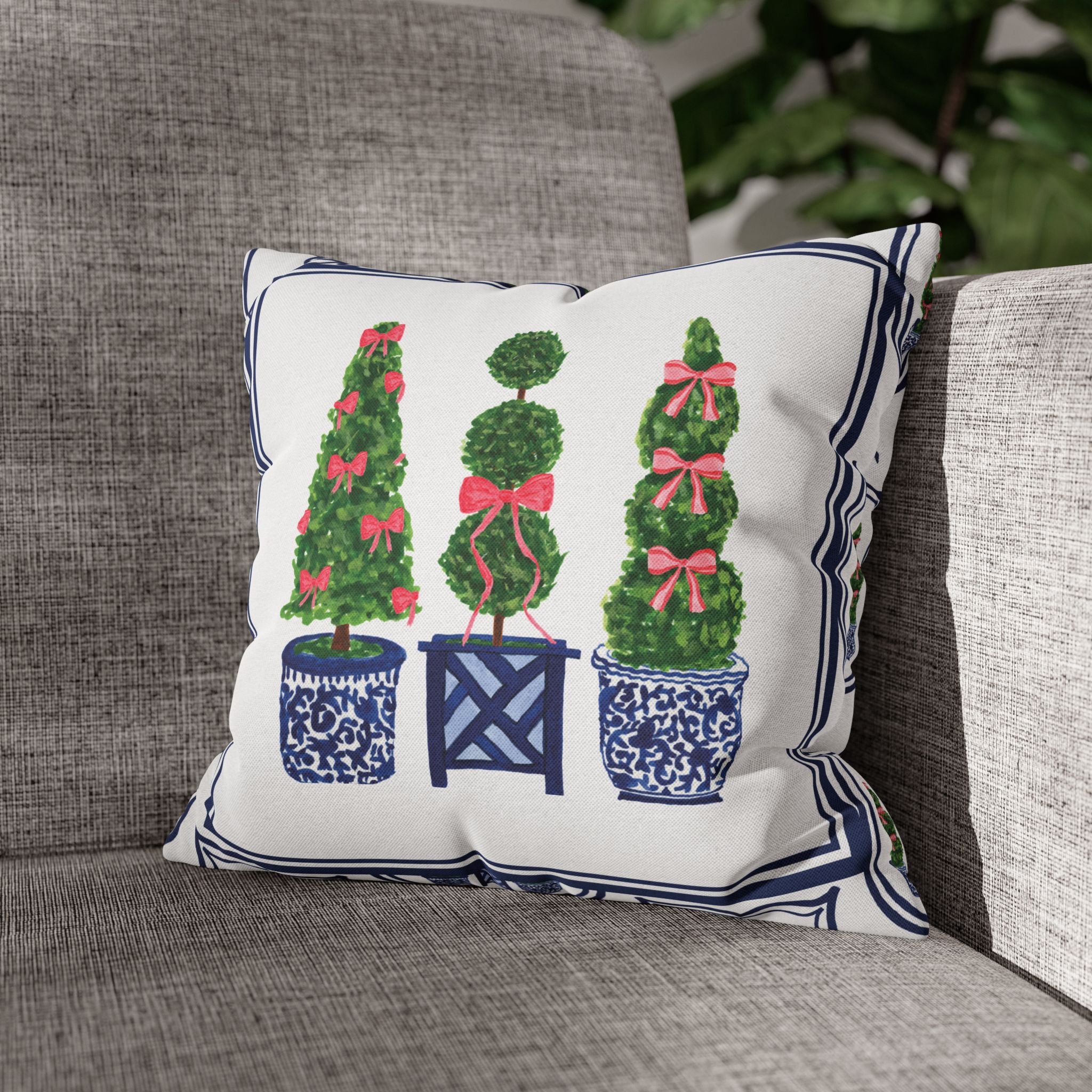 Topiary Trio Blue and White Christmas Pillow Cover