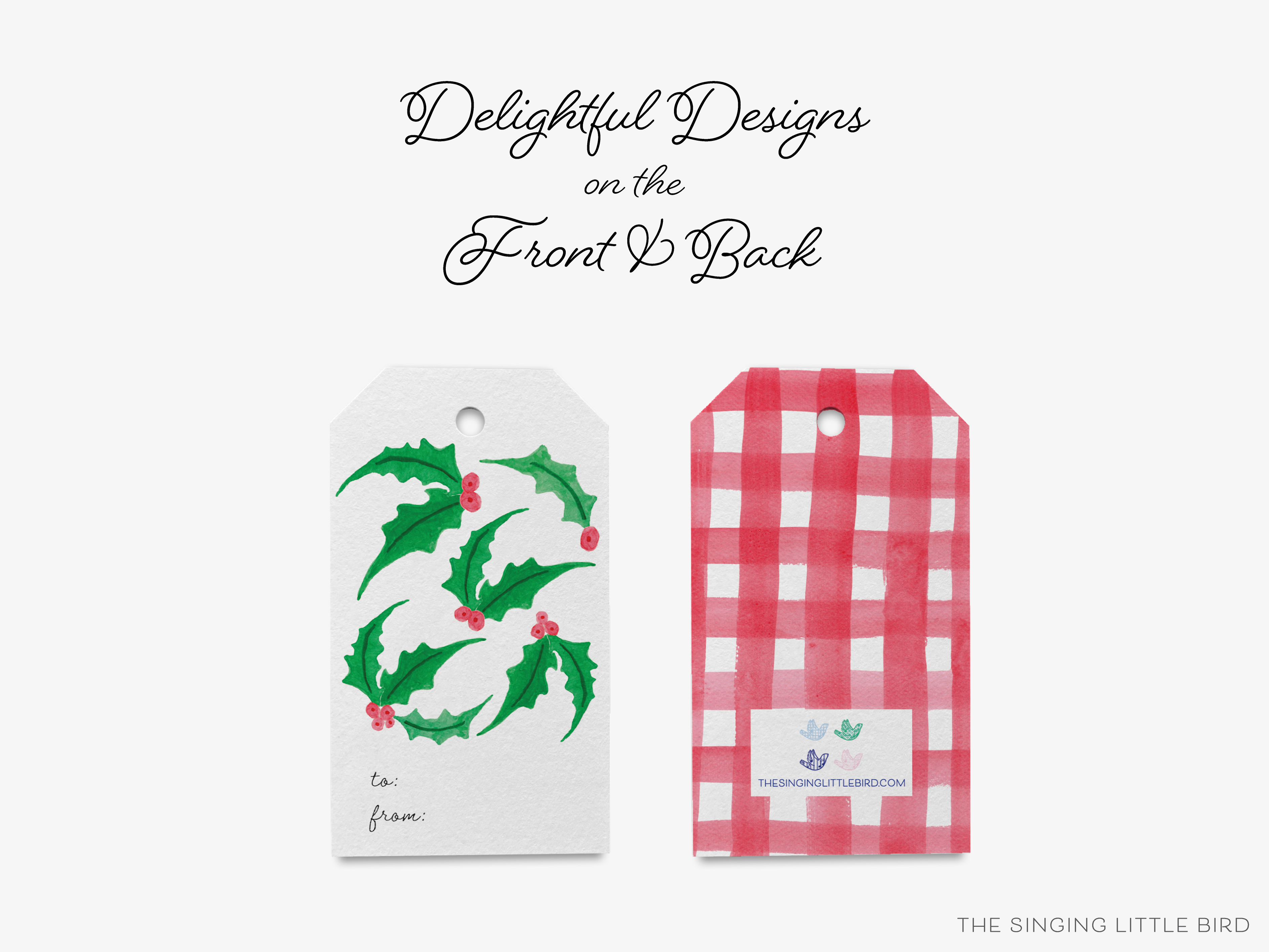 two gift tags with different designs, one with a holly leaf pattern and the other with a red and white checkered pattern.