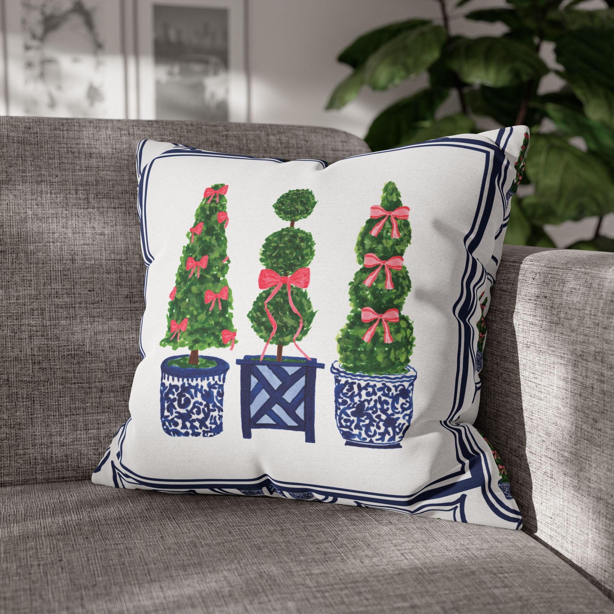 Topiary Trio Blue and White Christmas Pillow Cover