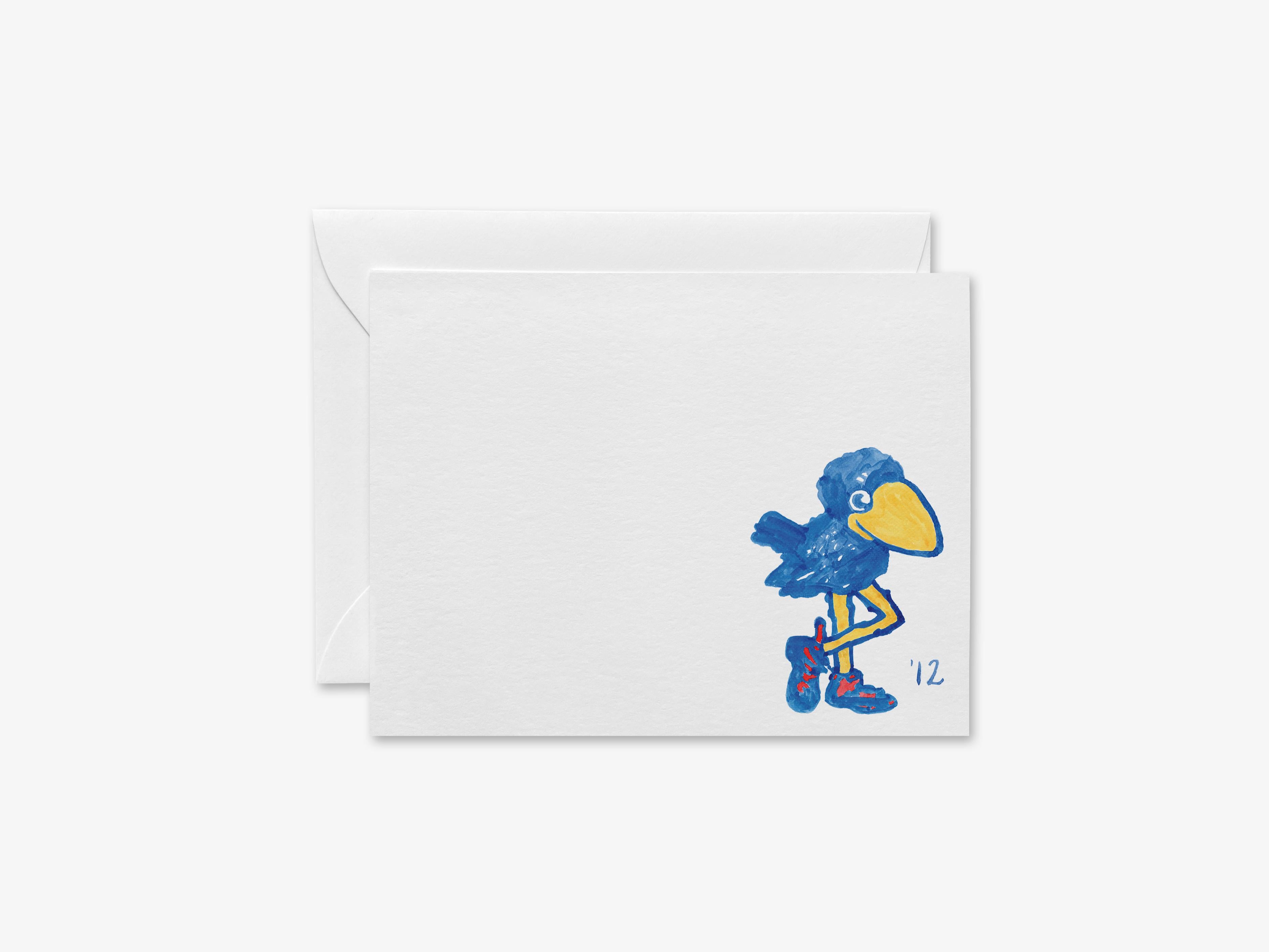 1912 Jayhawk Flat Notes - [Officially Licensed][Sets of 8]-These flat notecards are 4.25x5.5 and feature our hand-painted watercolor 1912 Kansas Jayhawk, printed in the USA on 120lb textured stock. They come with white envelopes and make great thank yous and gifts for the University of Kansas lover in your life.-The Singing Little Bird