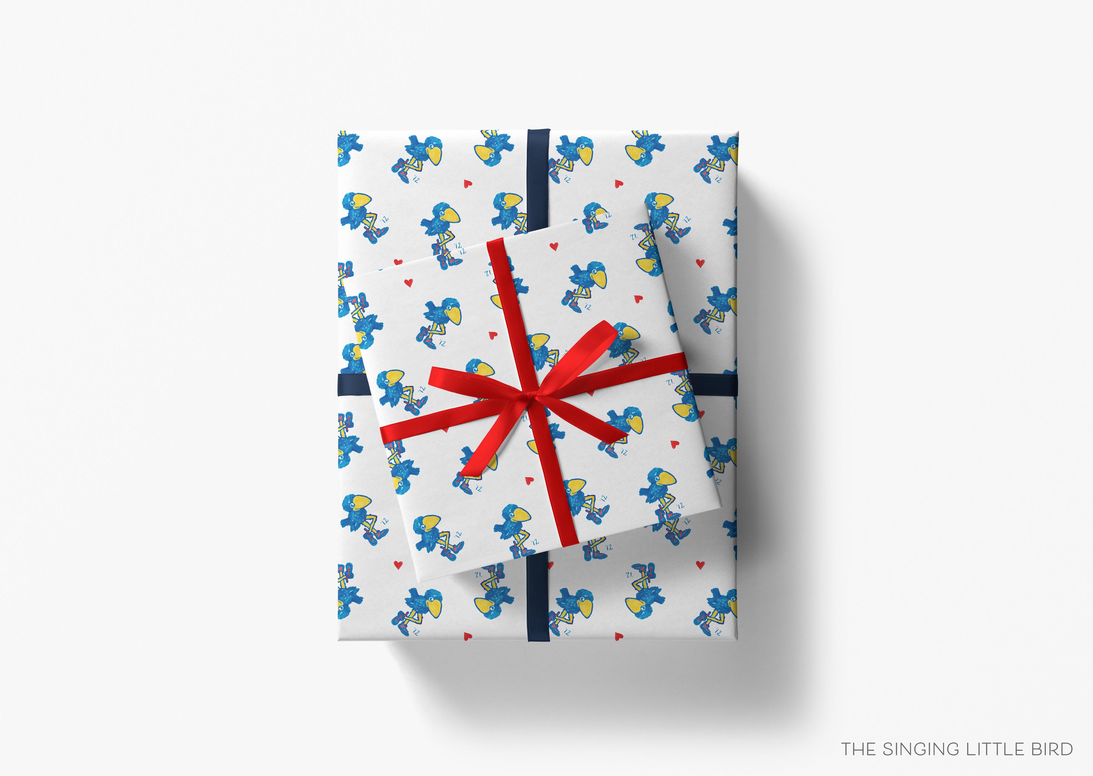 1912 Jayhawk Mini Hearts Gift Wrap - Officially Licensed-This matte finish gift wrap features our hand-painted watercolor Kansas 1912 Jayhawks and hearts. It makes a perfect wrapping paper for any celebration present for a University of Kanas lover. -The Singing Little Bird