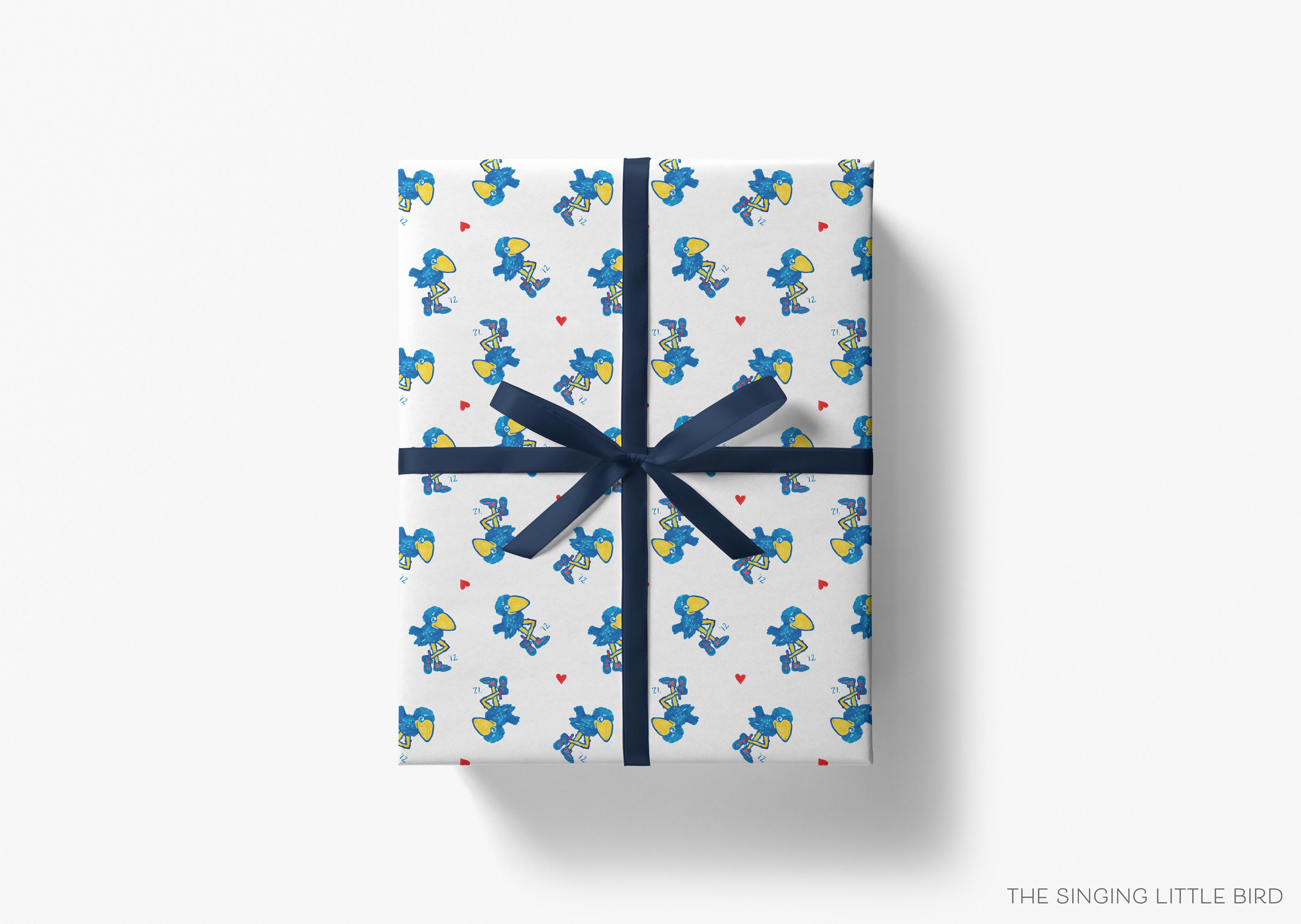 1912 Jayhawk Mini Hearts Gift Wrap - Officially Licensed-This matte finish gift wrap features our hand-painted watercolor Kansas 1912 Jayhawks and hearts. It makes a perfect wrapping paper for any celebration present for a University of Kanas lover. -The Singing Little Bird