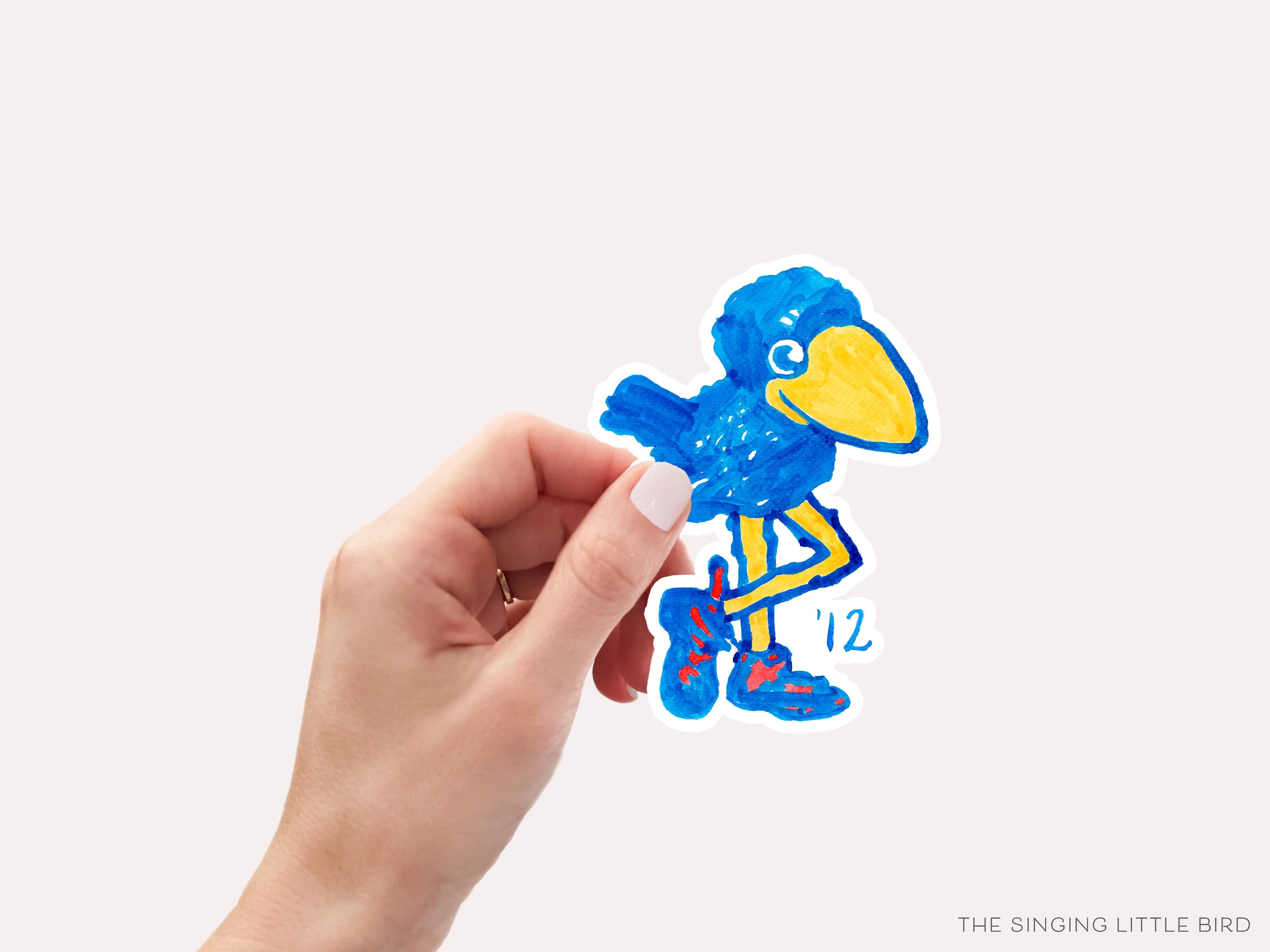 1912 Jayhawk Vinyl Sticker [Officially Licensed]-These weatherproof die cut stickers feature our hand-painted watercolor 1912 Jayhawk, making great laptop or water bottle stickers or gifts for the University of Kansas lover in your life.-The Singing Little Bird