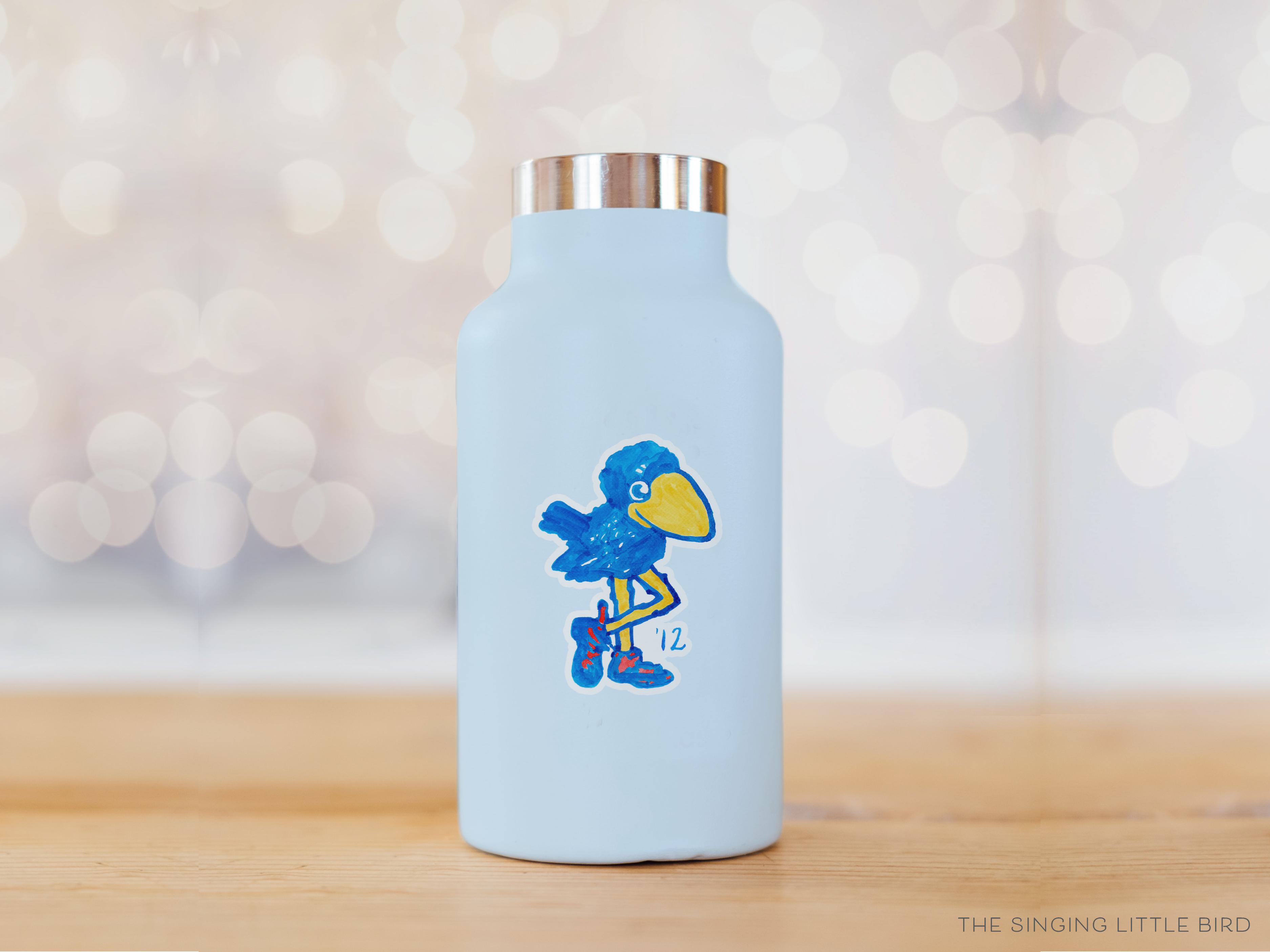 1912 Jayhawk Vinyl Sticker [Officially Licensed]-These weatherproof die cut stickers feature our hand-painted watercolor 1912 Jayhawk, making great laptop or water bottle stickers or gifts for the University of Kansas lover in your life.-The Singing Little Bird