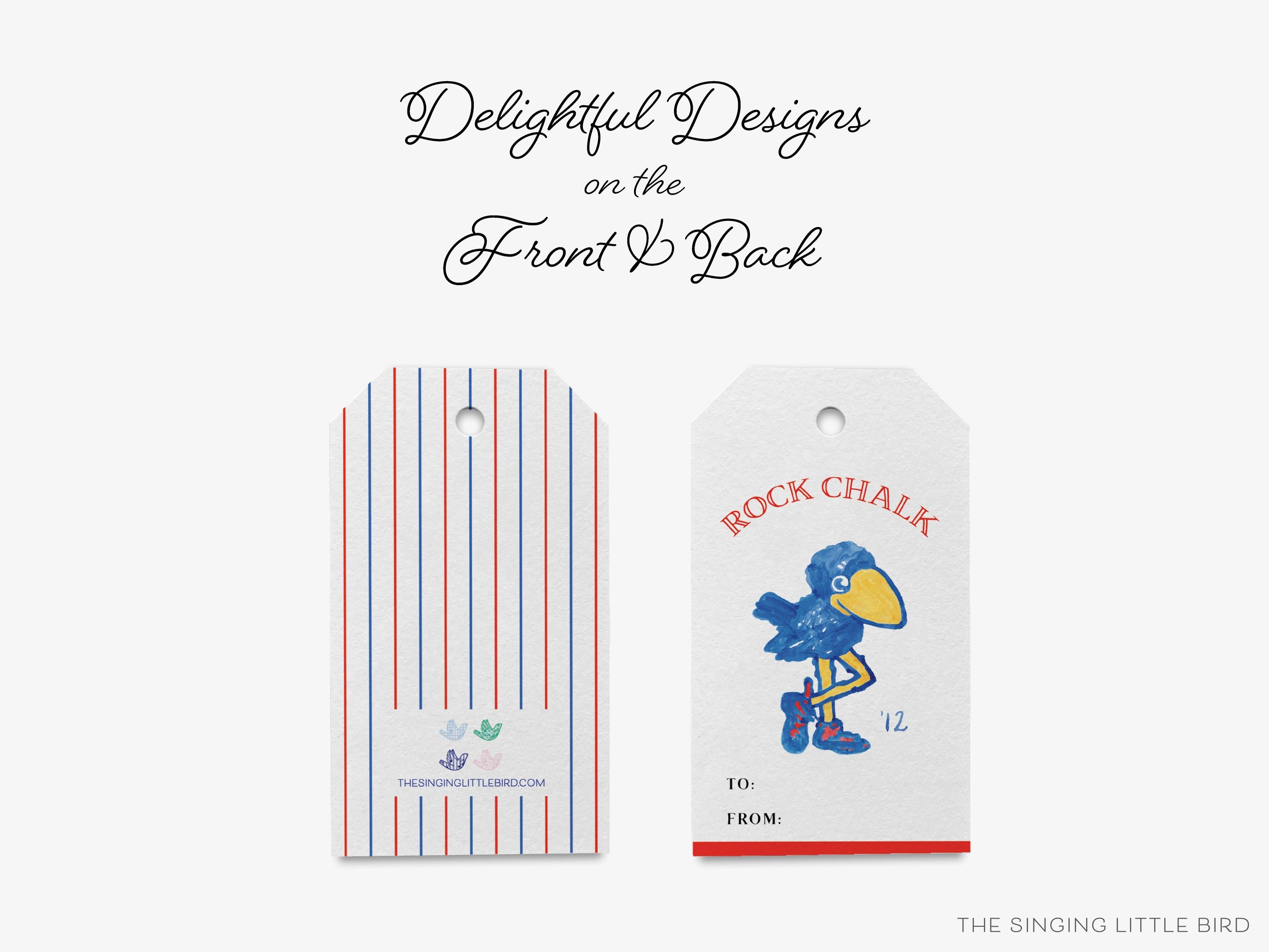1912 Kansas Jayhawks Gift Tags - Officially Licensed [Sets of 8]-These gift tags come in sets, hole-punched with white twine and feature our hand-painted watercolor 1912 Kansas Jayhawk, printed in the USA on 120lb textured stock. They make great tags for gifting or gifts for the University of Kansas and vintage lover in your life.-The Singing Little Bird