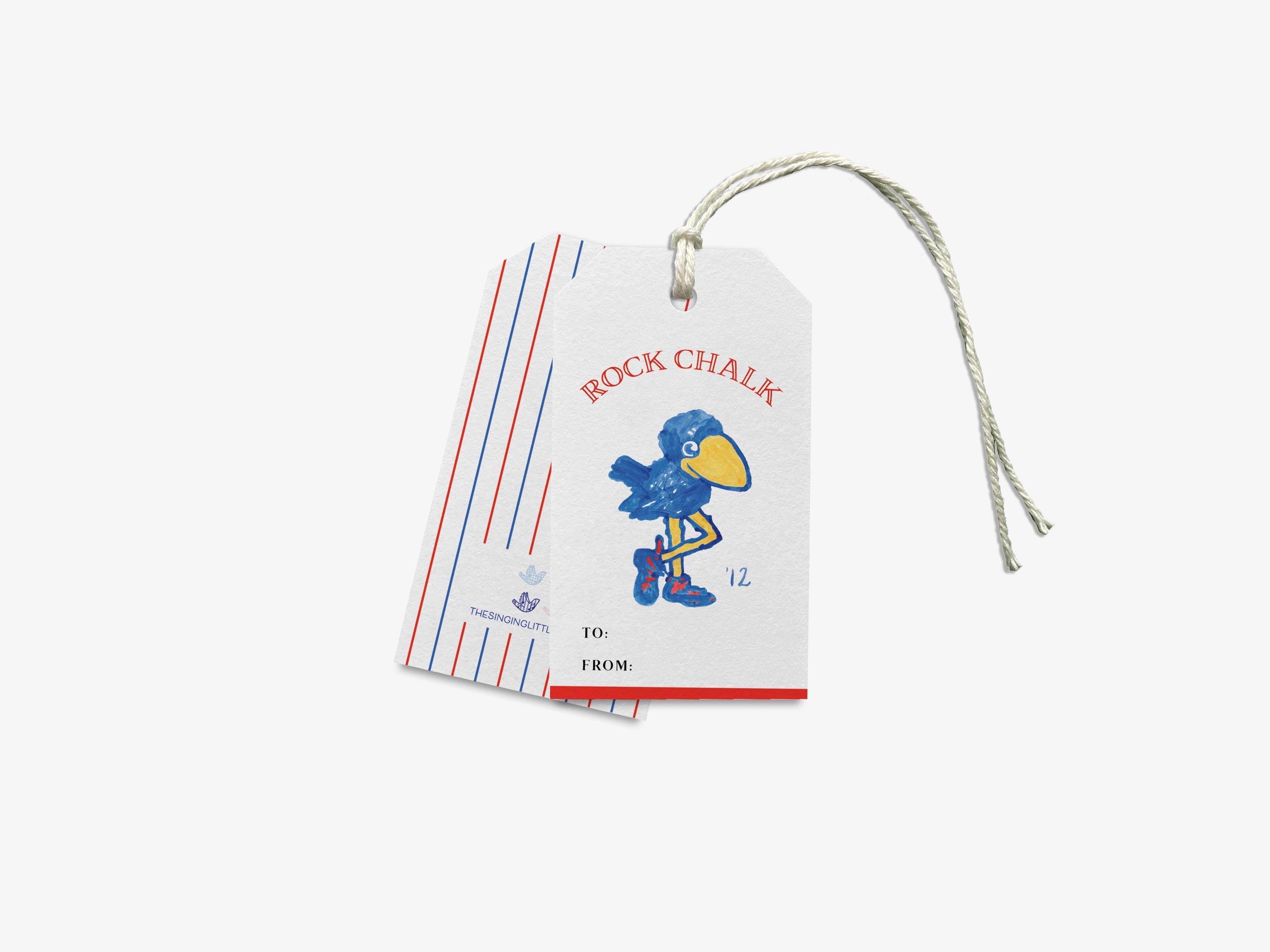 1912 Kansas Jayhawks Gift Tags - Officially Licensed [Sets of 8]-These gift tags come in sets, hole-punched with white twine and feature our hand-painted watercolor 1912 Kansas Jayhawk, printed in the USA on 120lb textured stock. They make great tags for gifting or gifts for the University of Kansas and vintage lover in your life.-The Singing Little Bird