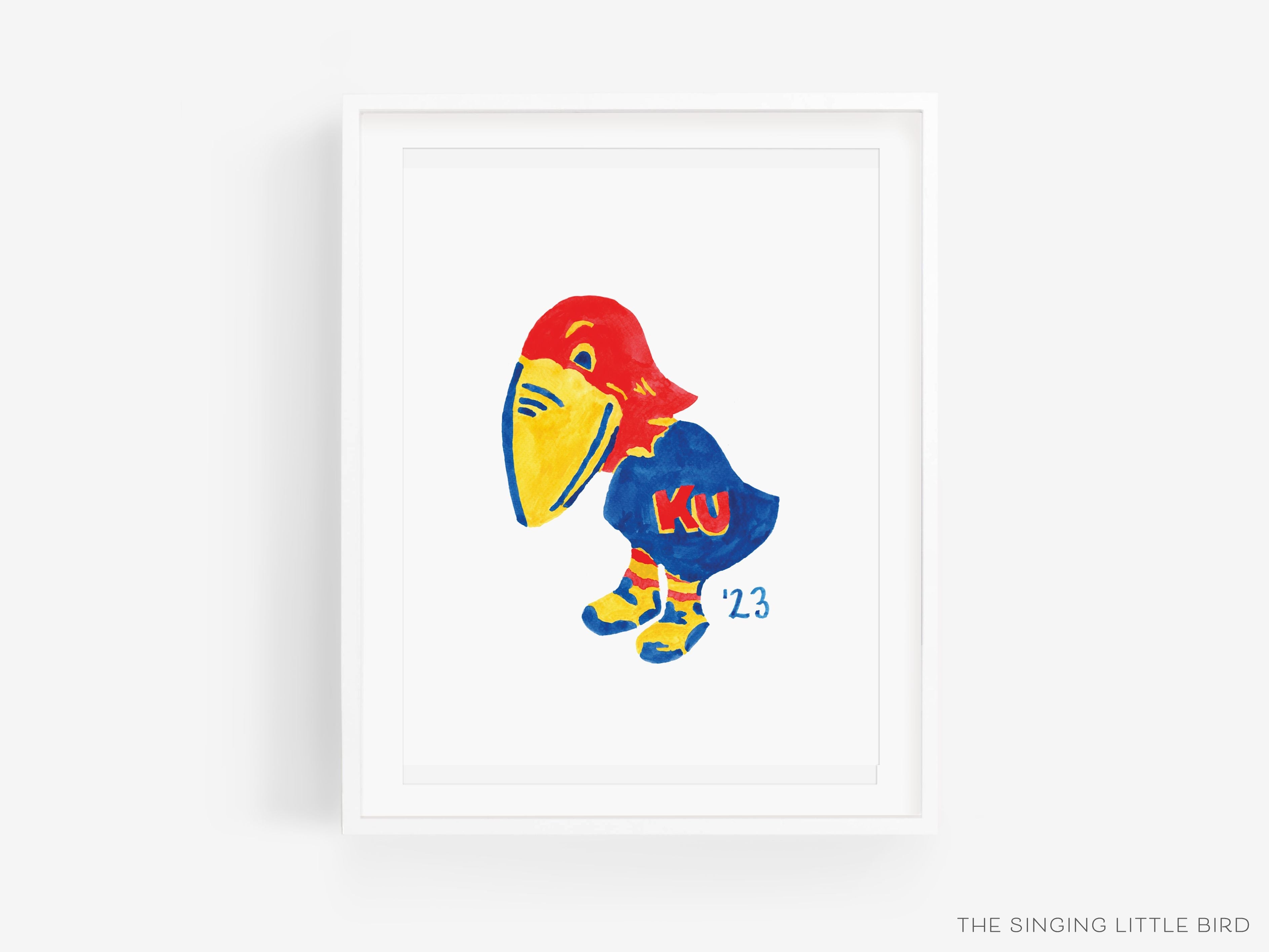 1923 Kansas Jayhawk Art Print [Officially Licensed Product]-This watercolor art print features our hand-painted 1923 Kansas Jayhawk, printed in the USA on 120lb high quality art paper. This makes a great gift or wall decor for the University of Kansas lover in your life.-The Singing Little Bird