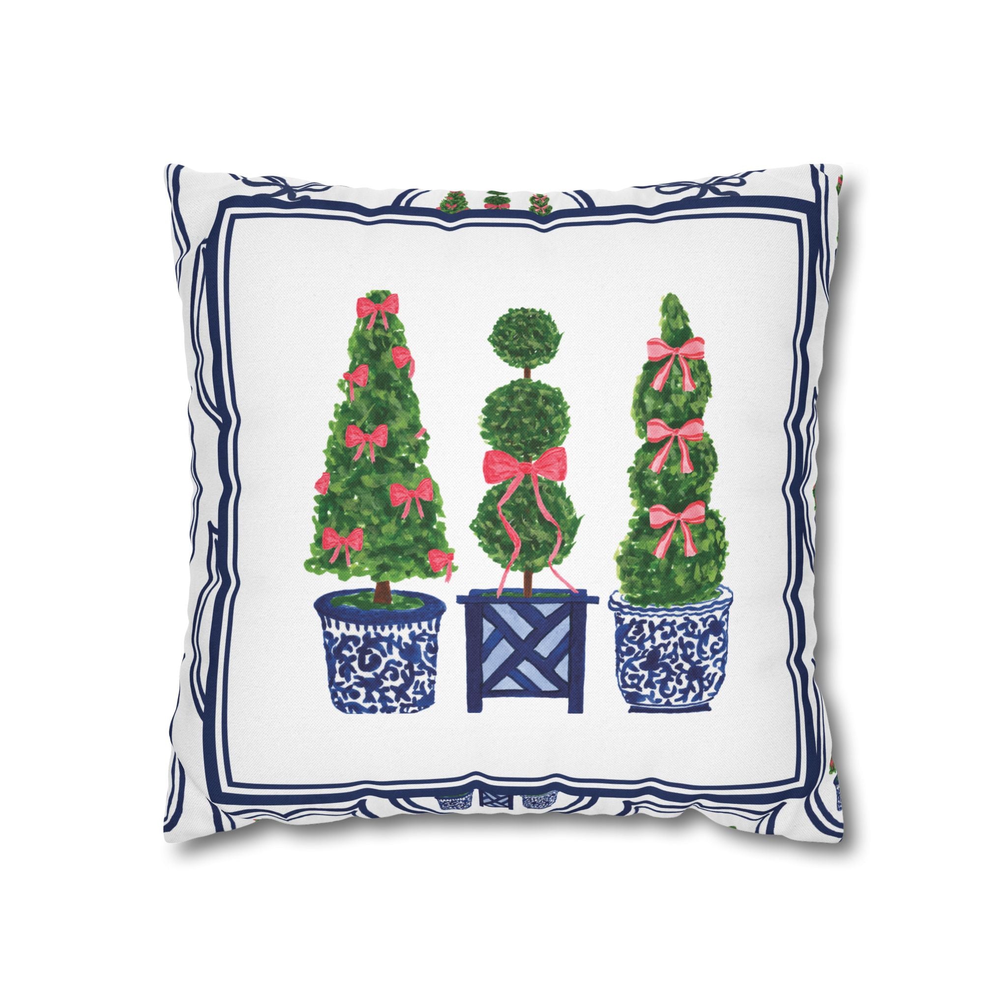 Topiary Trio Christmas Blue and White Pillow Cover
